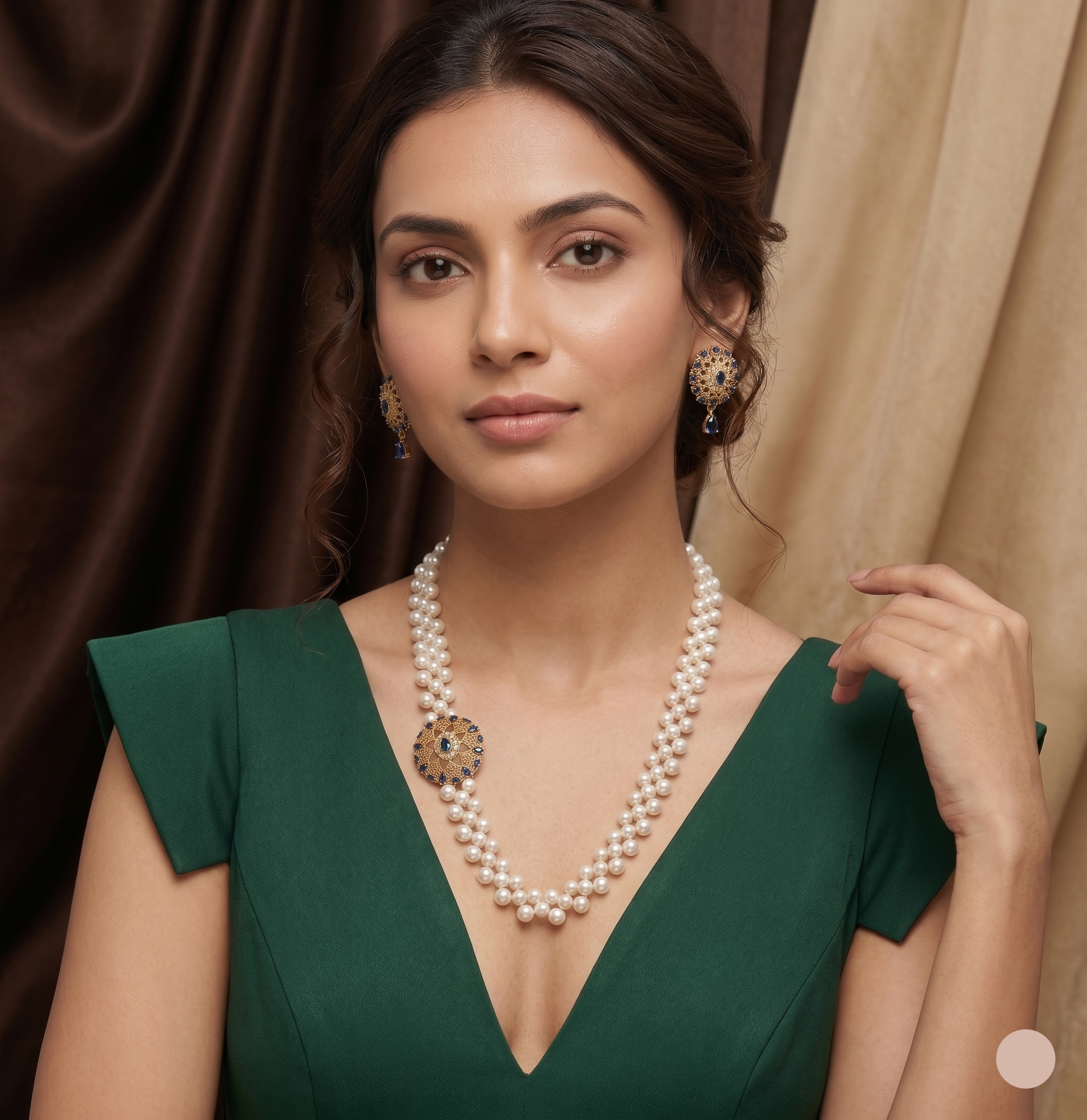 Double-Strand Freshwater Pearl Broach Set – Sapphire Blue Medallion