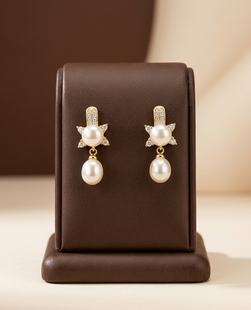 Dual Pearl Drop Earrings in Gold-Tone