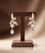 Dual pearl ribbon drop earrings for women