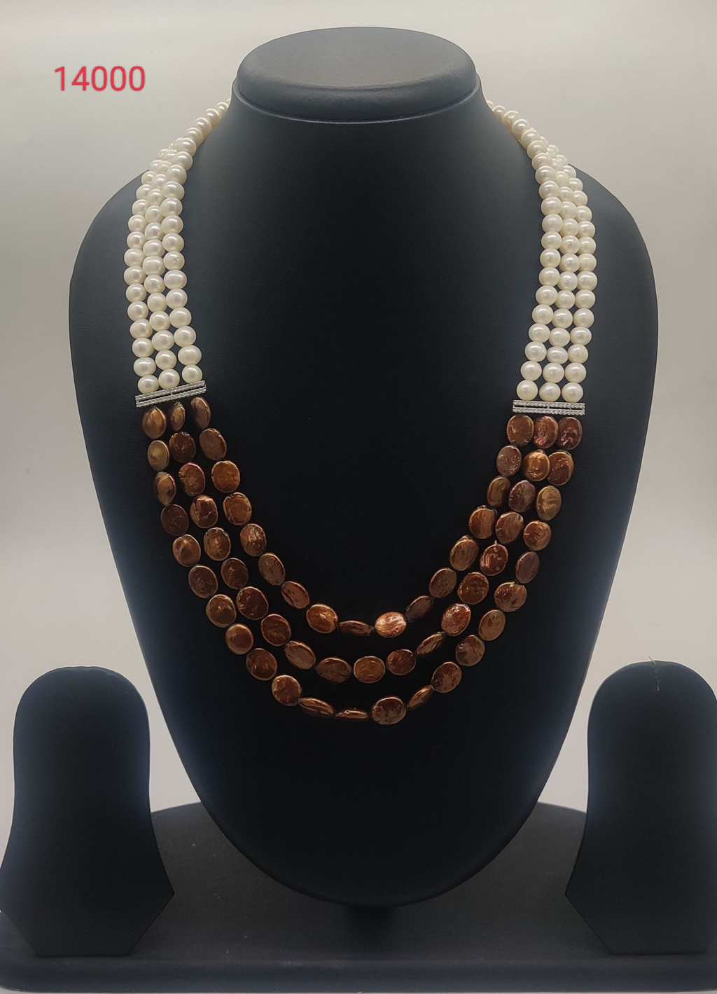Earth & Ivory Balance freshwater pearl necklace set with round white pearls and brown coin beads in multi-strand design