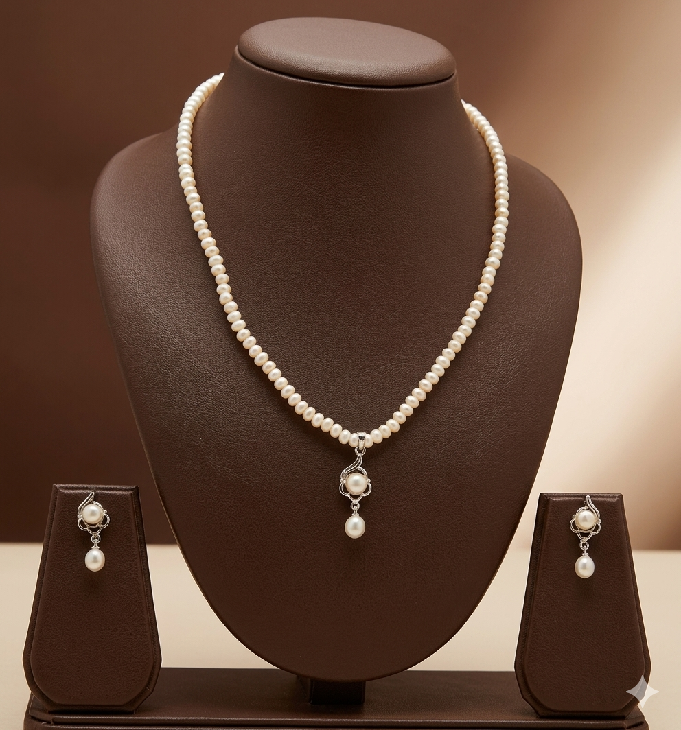 Elegant Pearl Drop One Line Freshwater Pearl Necklace & Earrings Set
