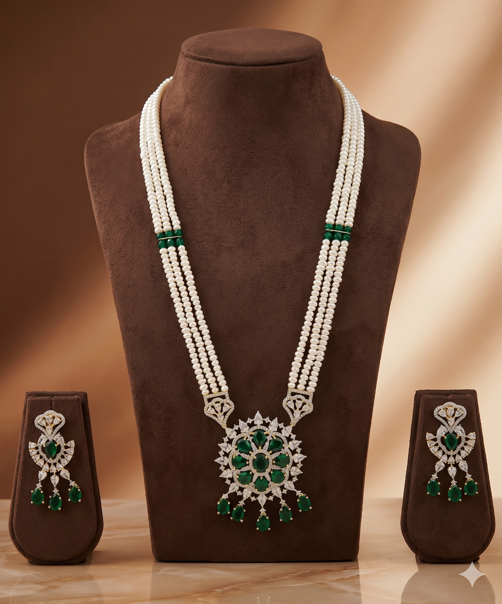 Emerald Bloom Floral Pearl Pendent Set
