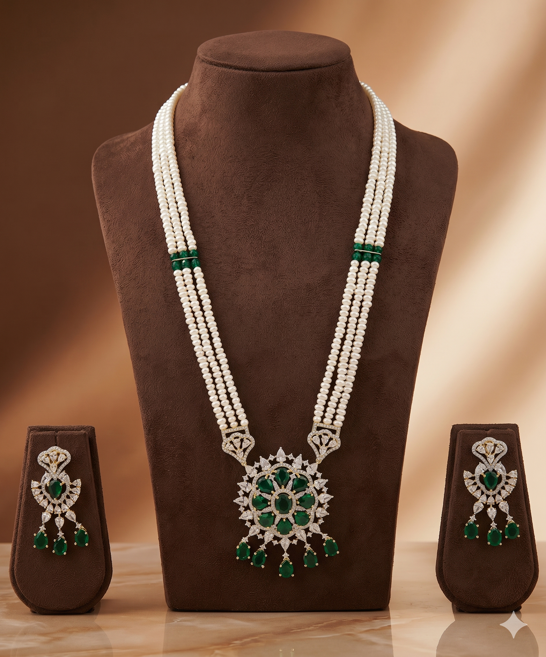 Emerald Bloom Floral Pearl Pendent Set