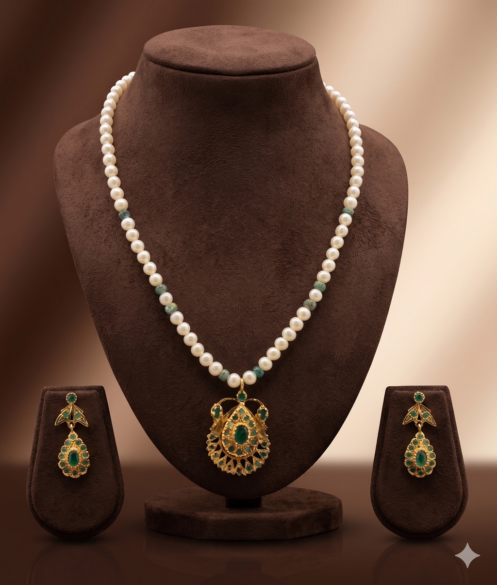 Emerald Grace One Line Pendant Freshwater Pearl Necklace & Earrings Set