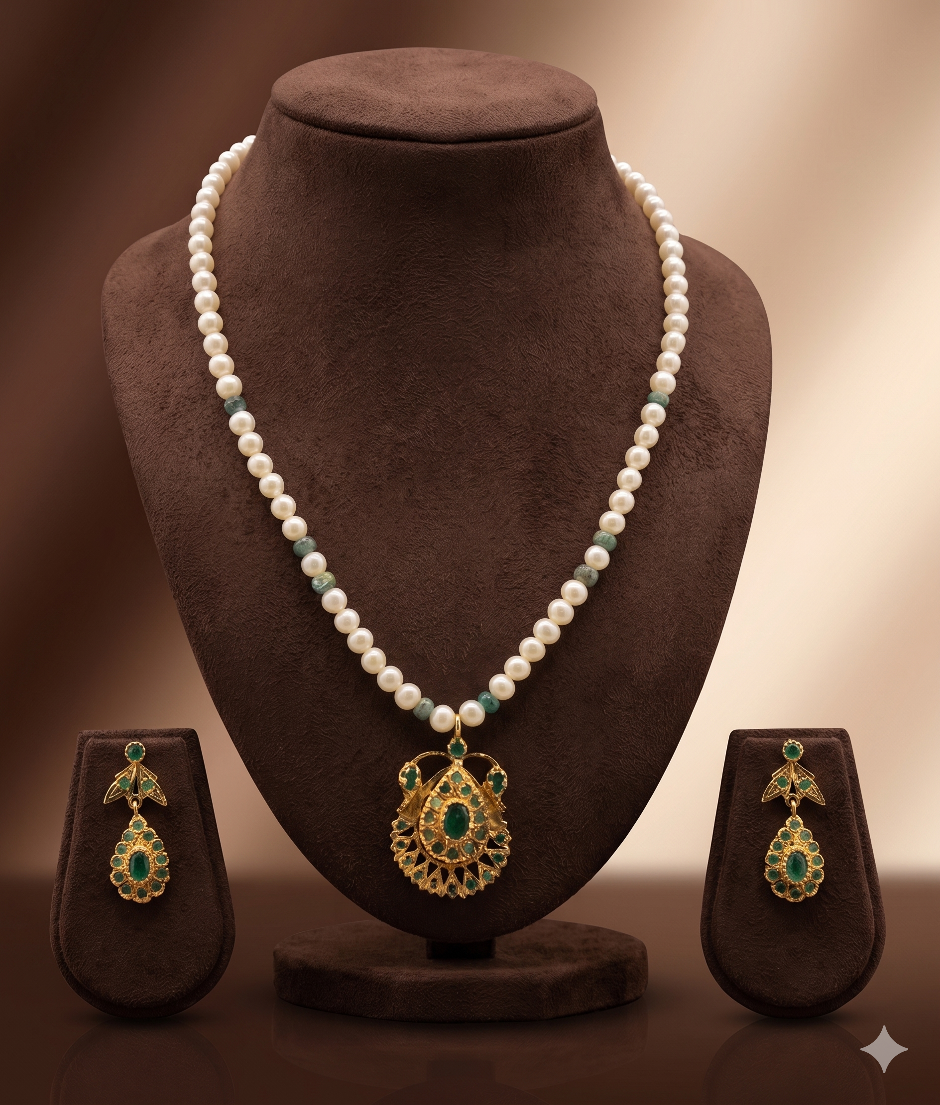 Emerald Grace One Line Pendant Freshwater Pearl Necklace & Earrings Set