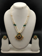 Emerald Heritage freshwater pearl pendant necklace set with two line white pearls and green stone pendant