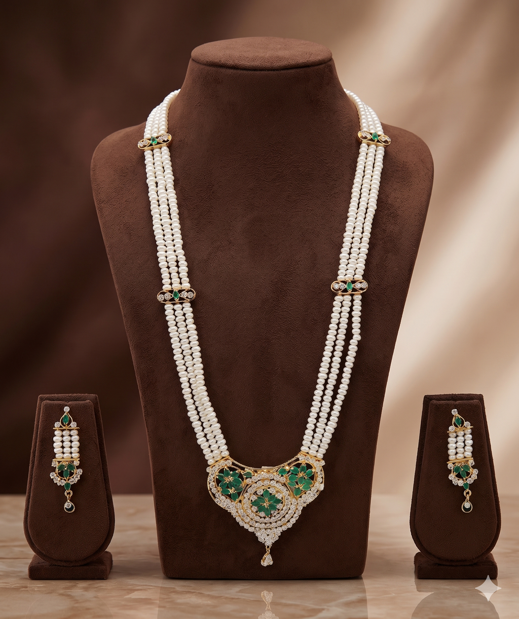 Emerald Opulence Traditional Pearl Pendent Set