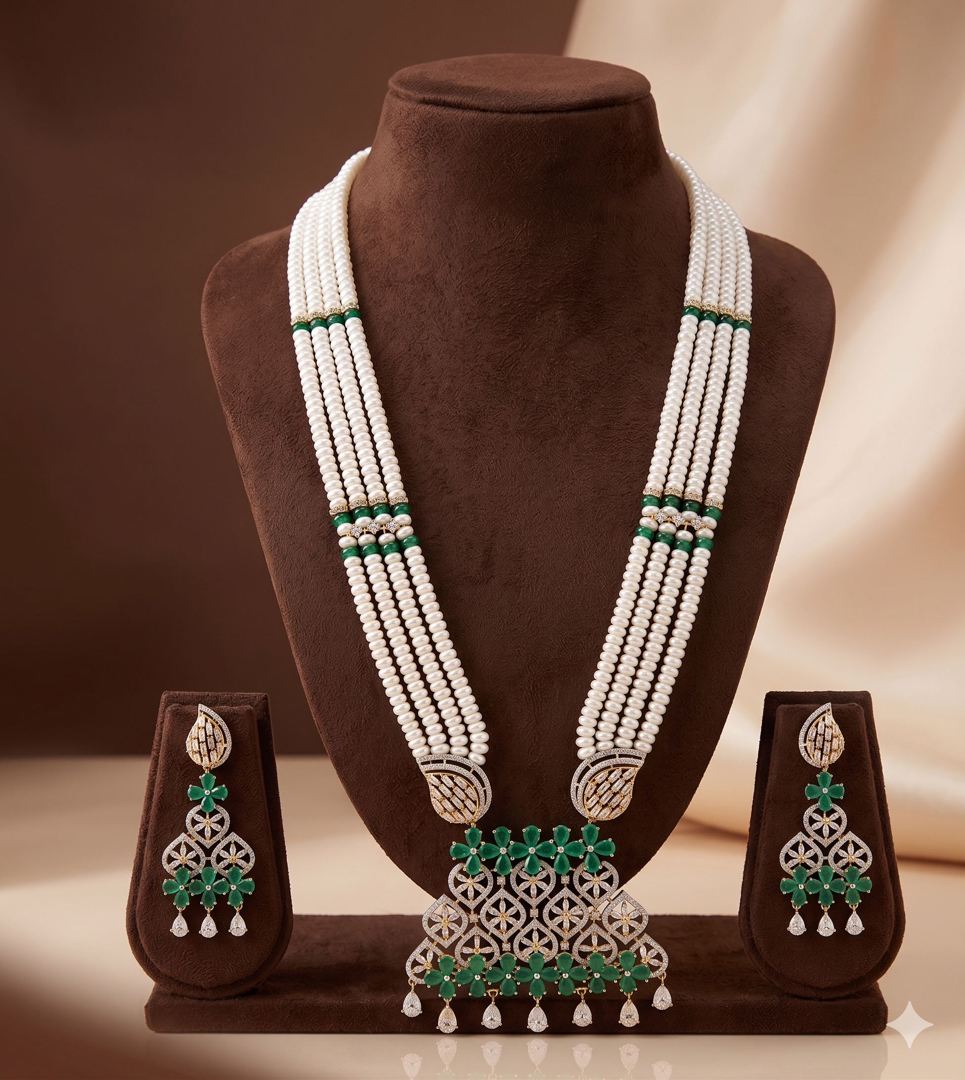 Emerald Petal Pearl Necklace Set