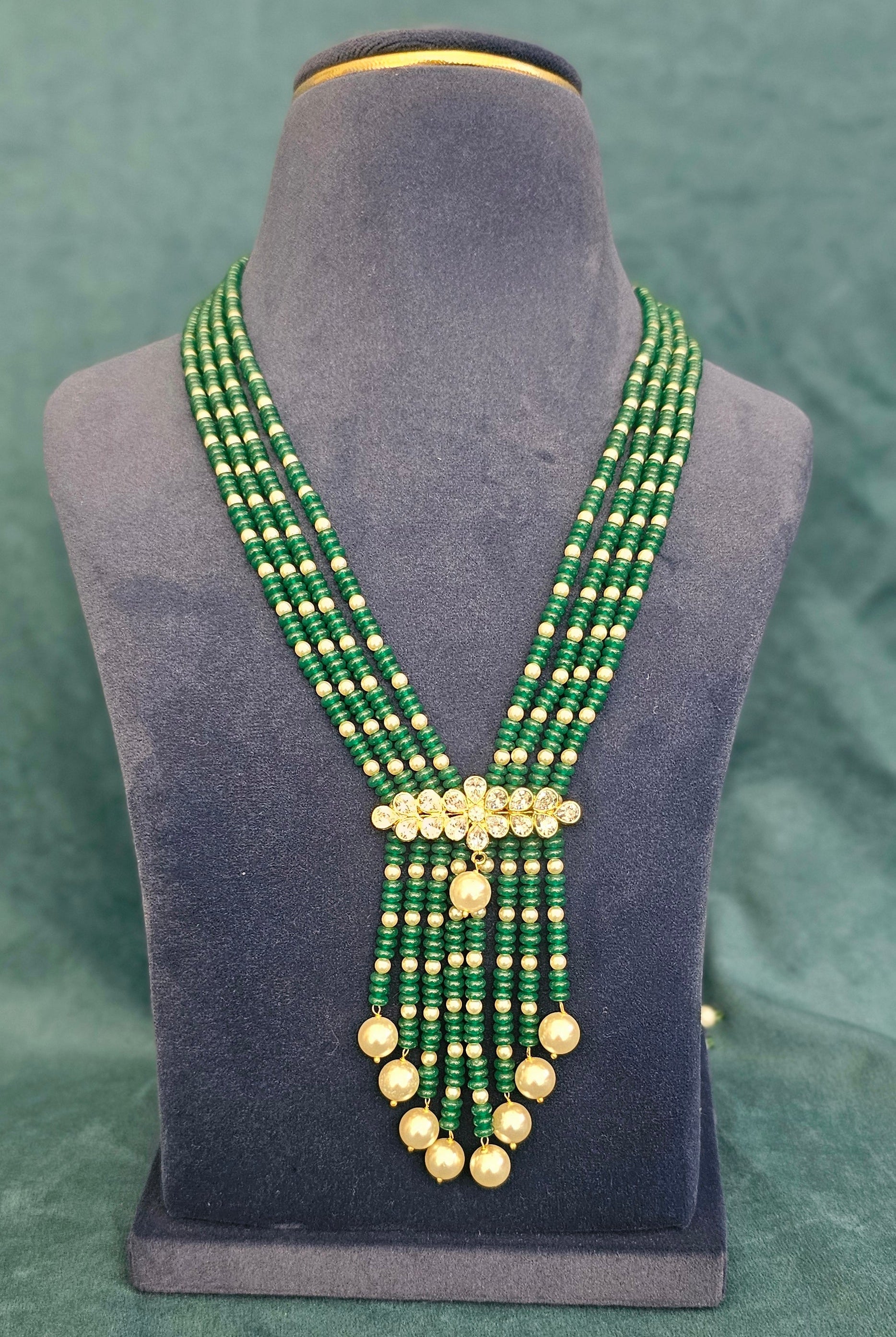 Emerald Royale semi-precious green bead multi-layer necklace with Kundan-style pendant.
