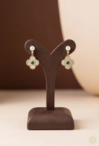 Emerald clover pearl drop earrings for women