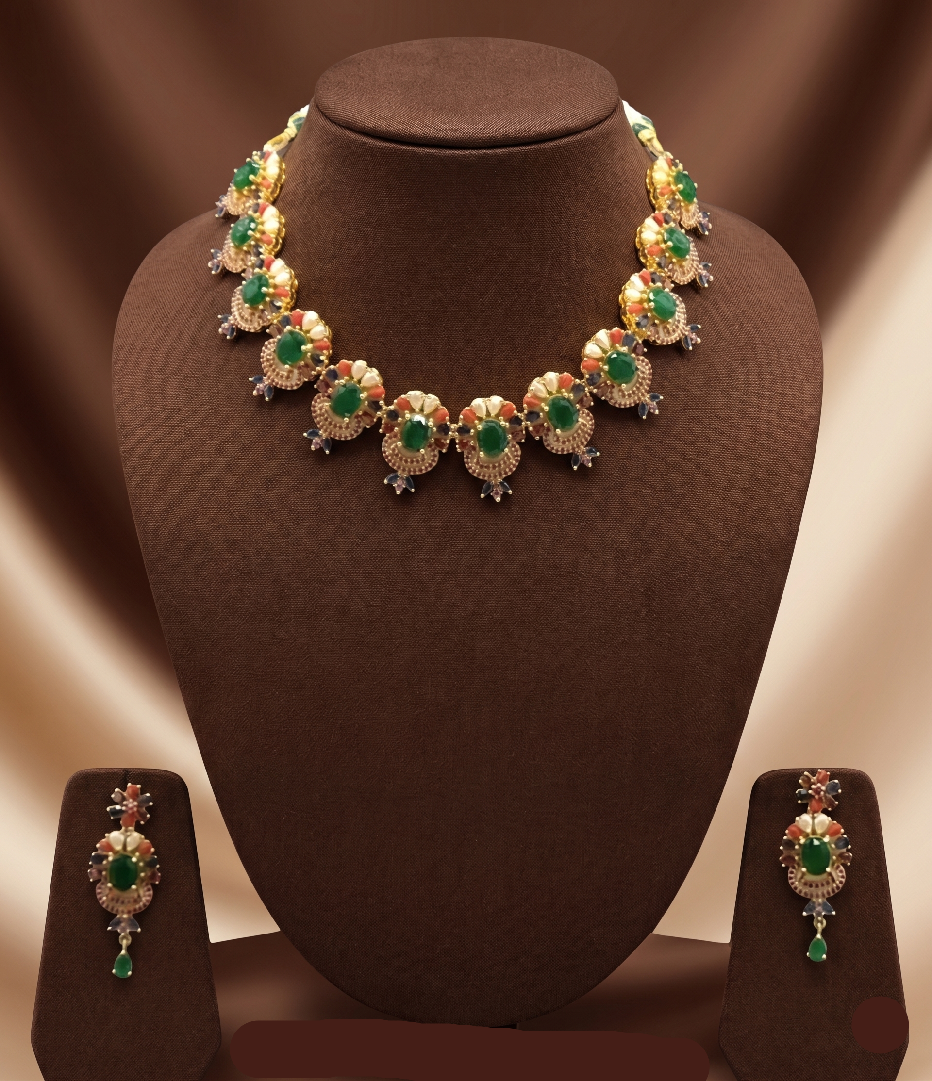 Emerald ruby pearl designer choker necklace set for women