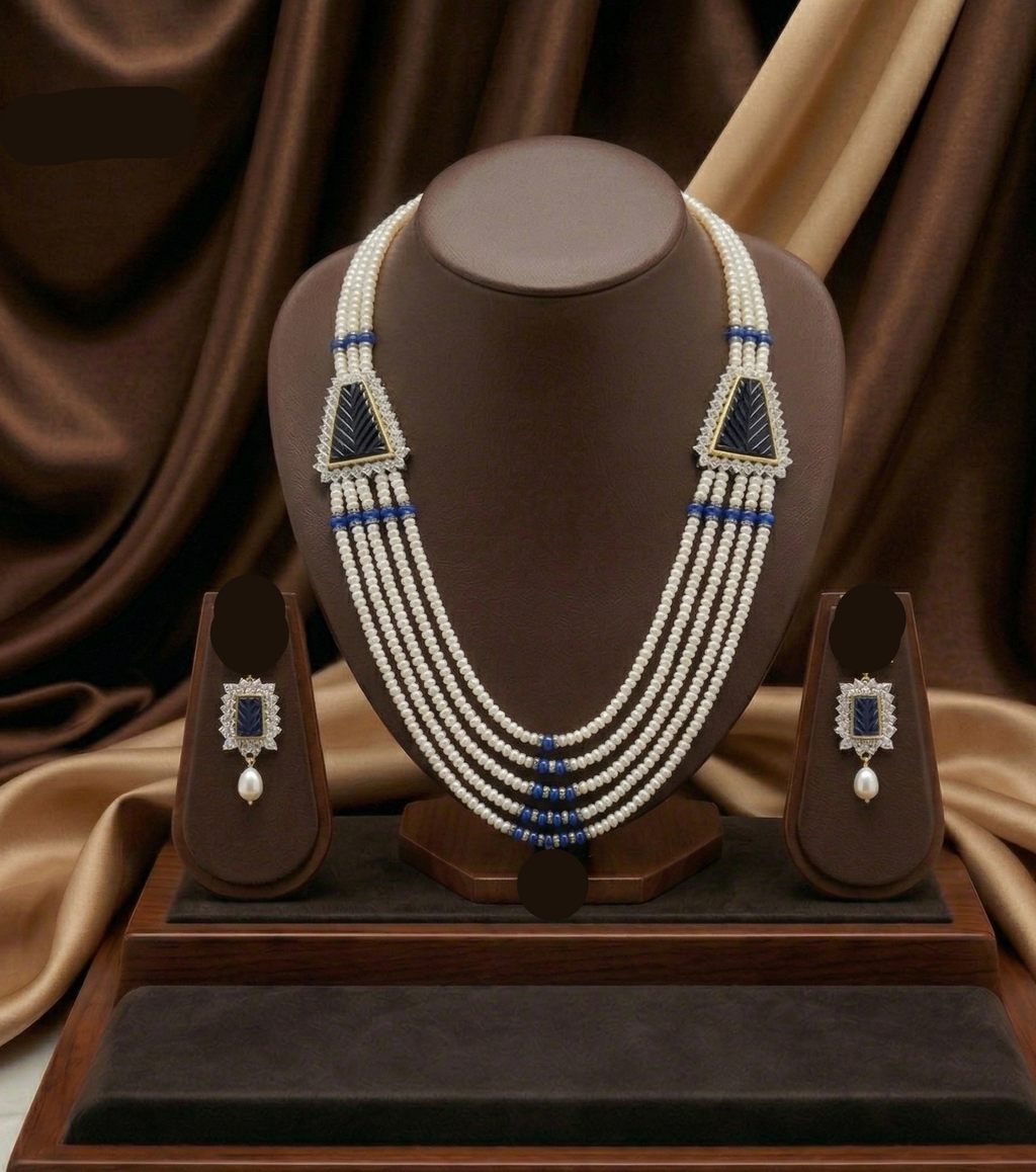 Five-Line Freshwater Pearl &amp; Blue Accent Broach Set for Women
