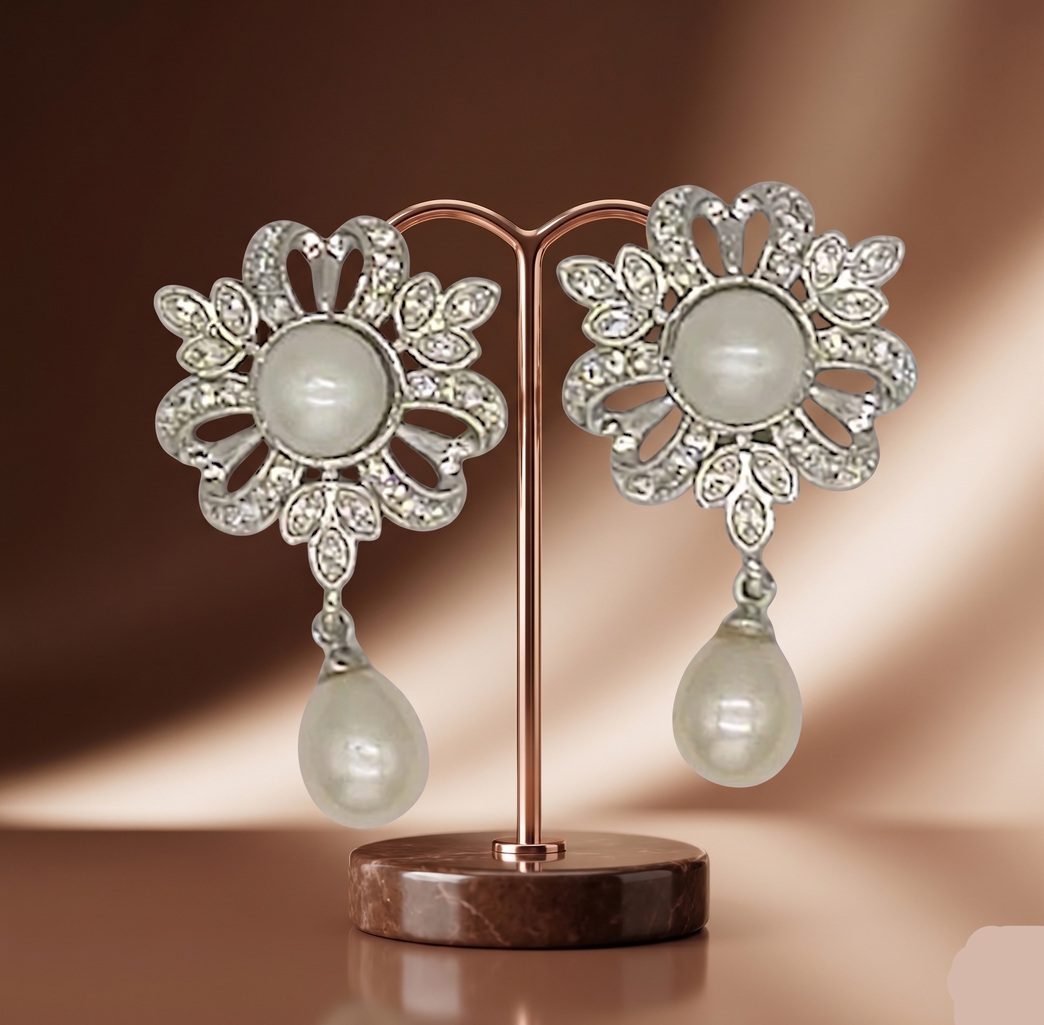 Floral pearl drop stud earrings for women