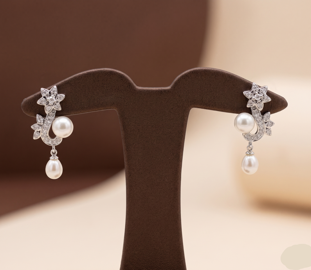 Floral pearl drop stud earrings for women