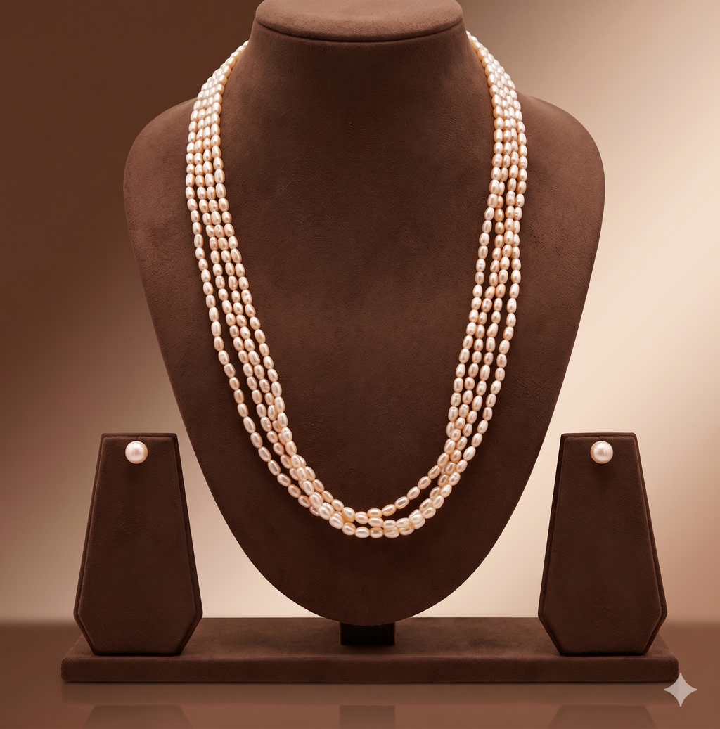 Four-Line Twisted Freshwater Pink Rice Pearl Necklace Set