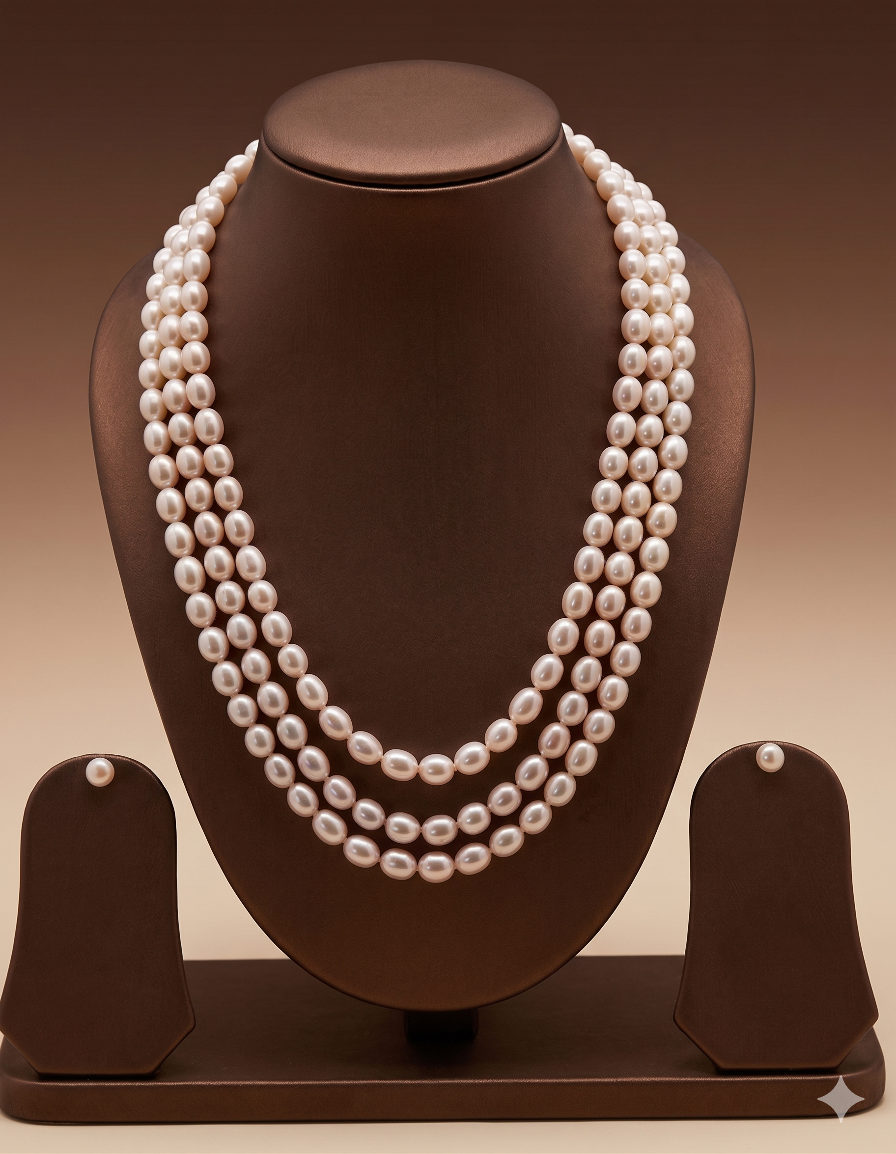 Fresh Water Natural Shaded Peach 3 Line Oval Pearl Set