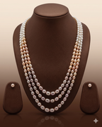 Fresh Water Natural Shaded Peach 3 Line Oval Pearl Set