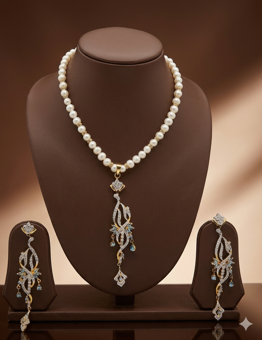 Freshwater Pearl Necklace & Earrings Set – Blue Regal Gemstone Pendant