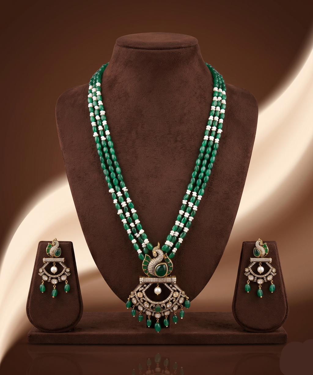 Freshwater pearl and green beads long haram set with peacock pendant and matching earrings.