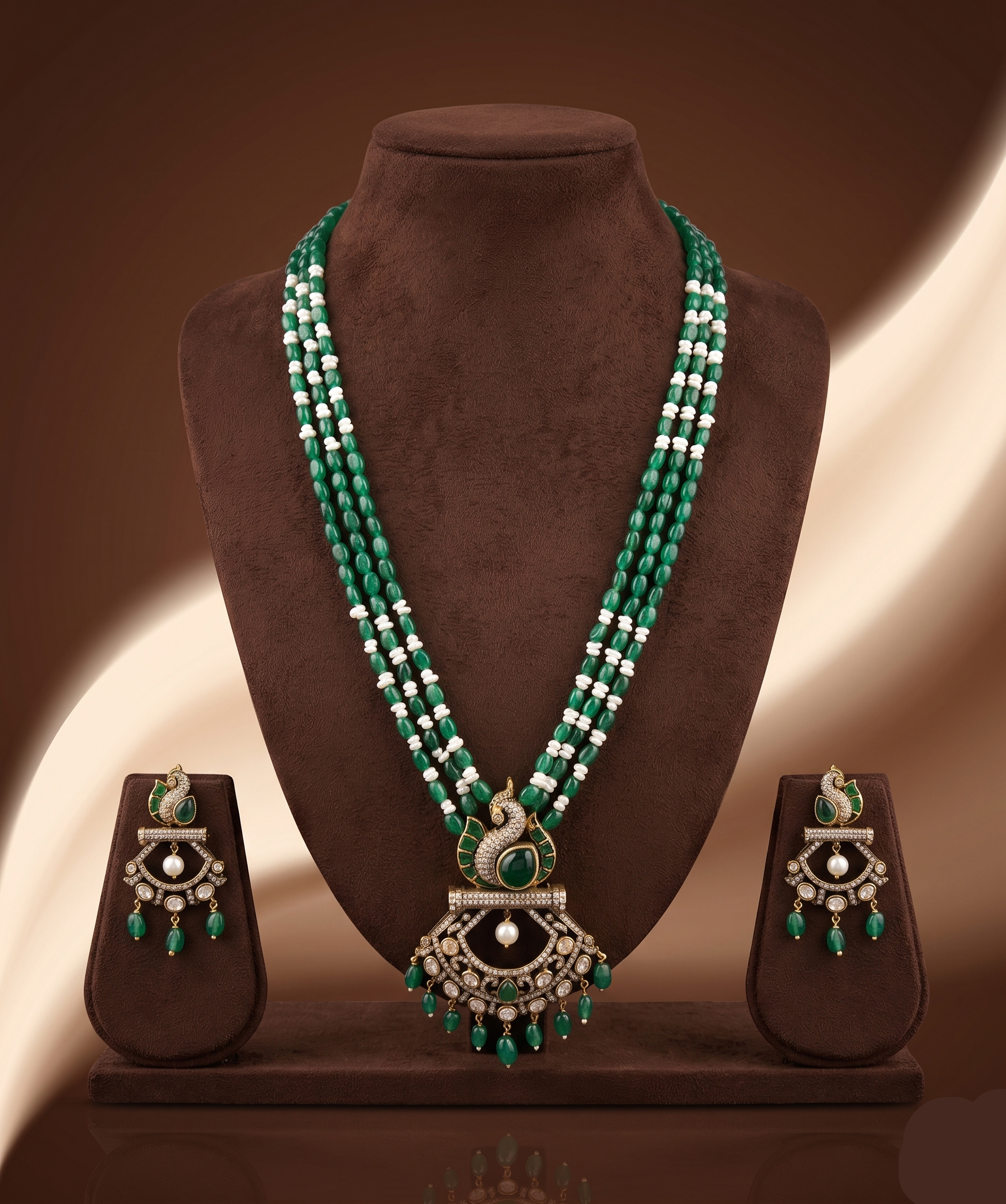 Freshwater pearl and green beads long haram set with peacock pendant and matching earrings.