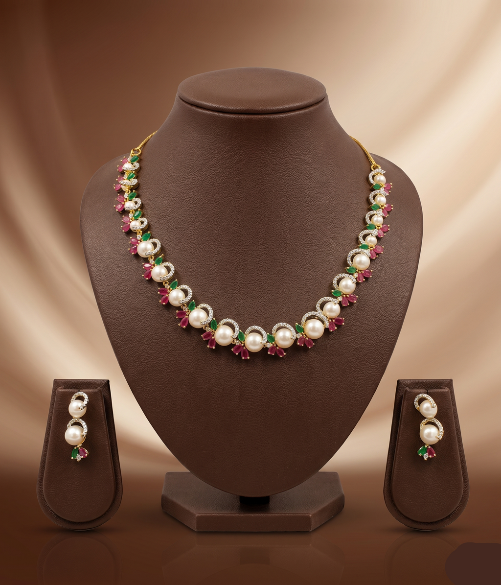 Freshwater pearl choker set with red, green, and white stone floral clusters and matching drop earrings.