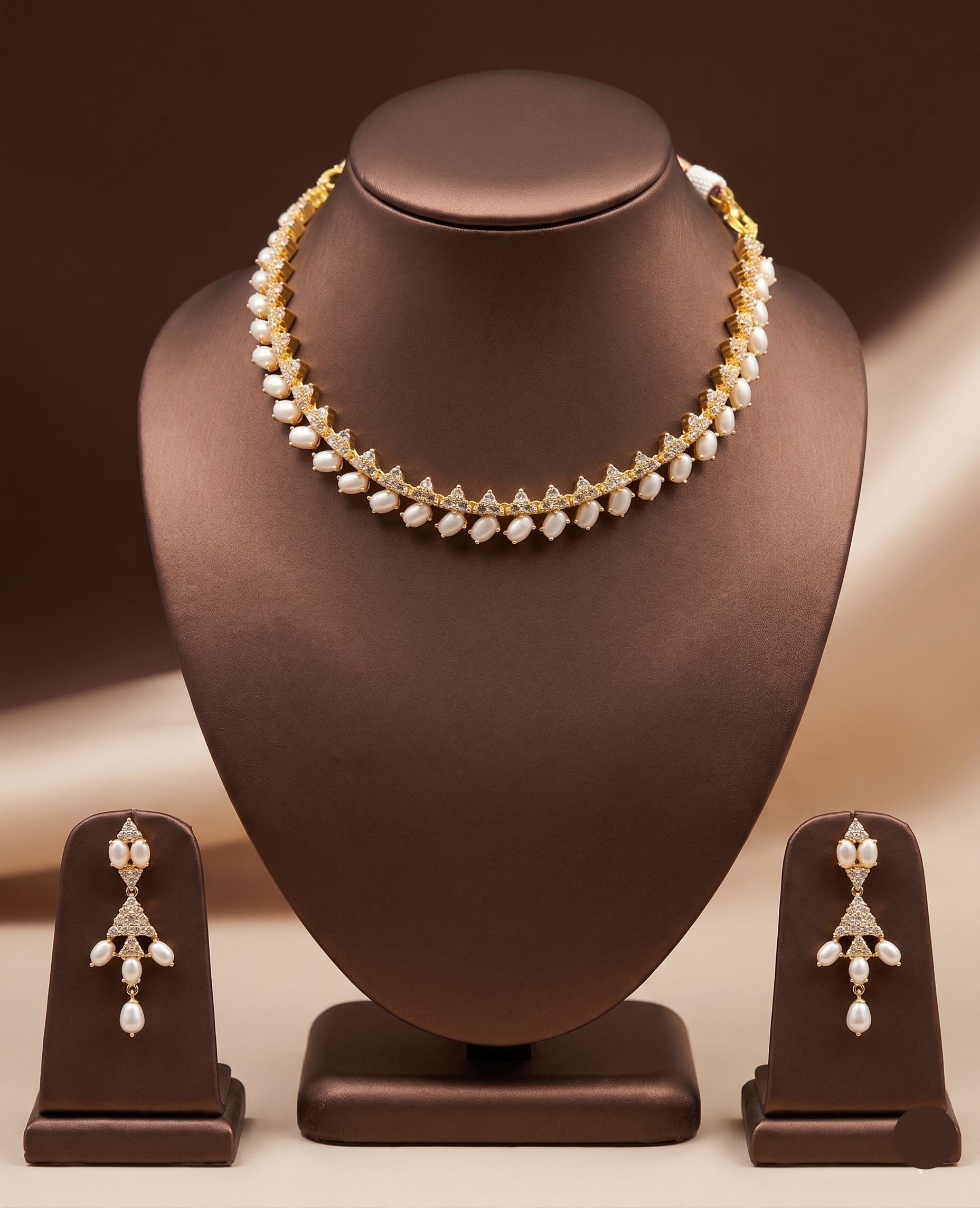 Freshwater pearl choker set with white AD stones, pearl fringe detailing, and matching drop earrings.