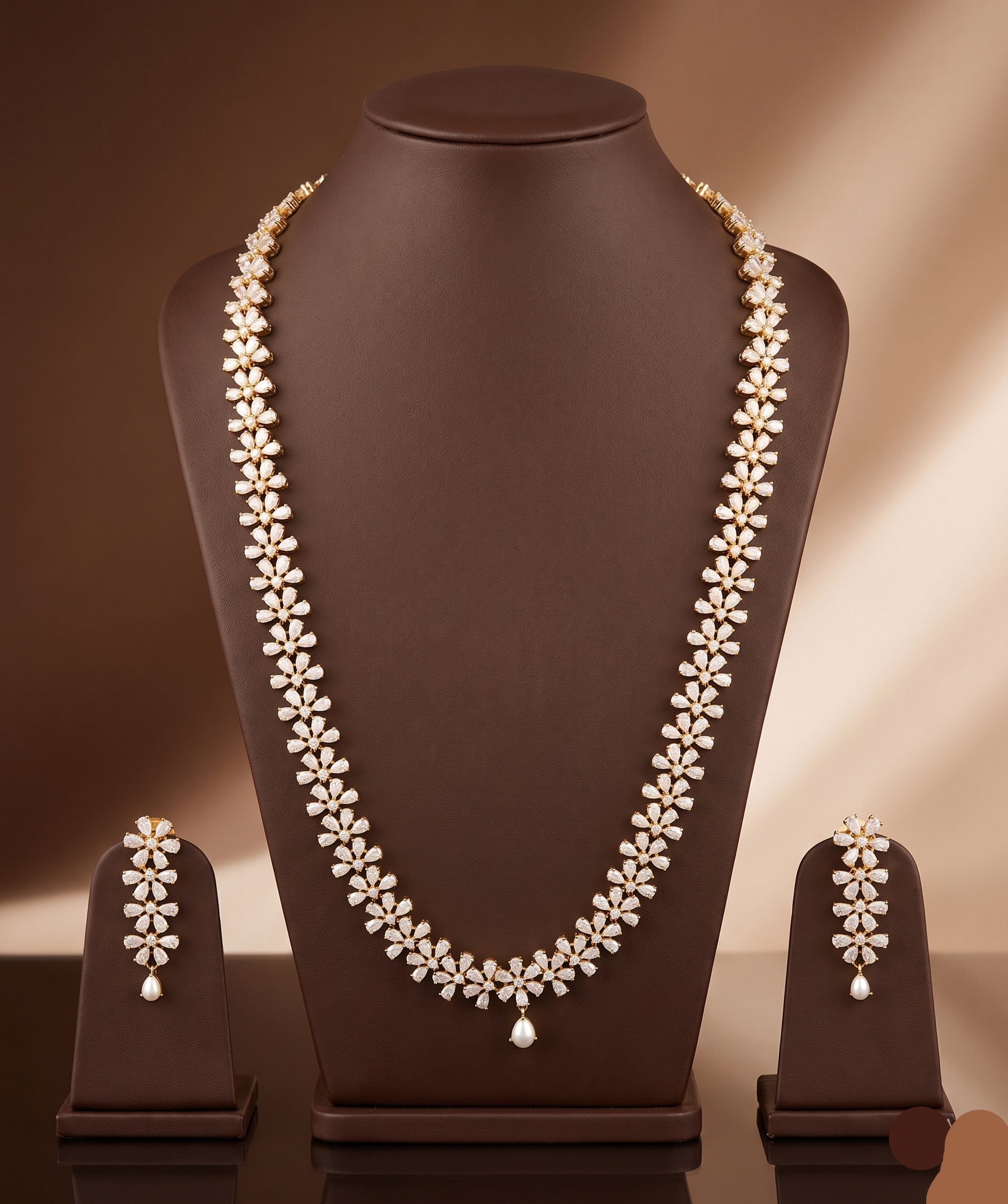 Freshwater pearl long haram set with floral American Diamond motifs and matching earrings.