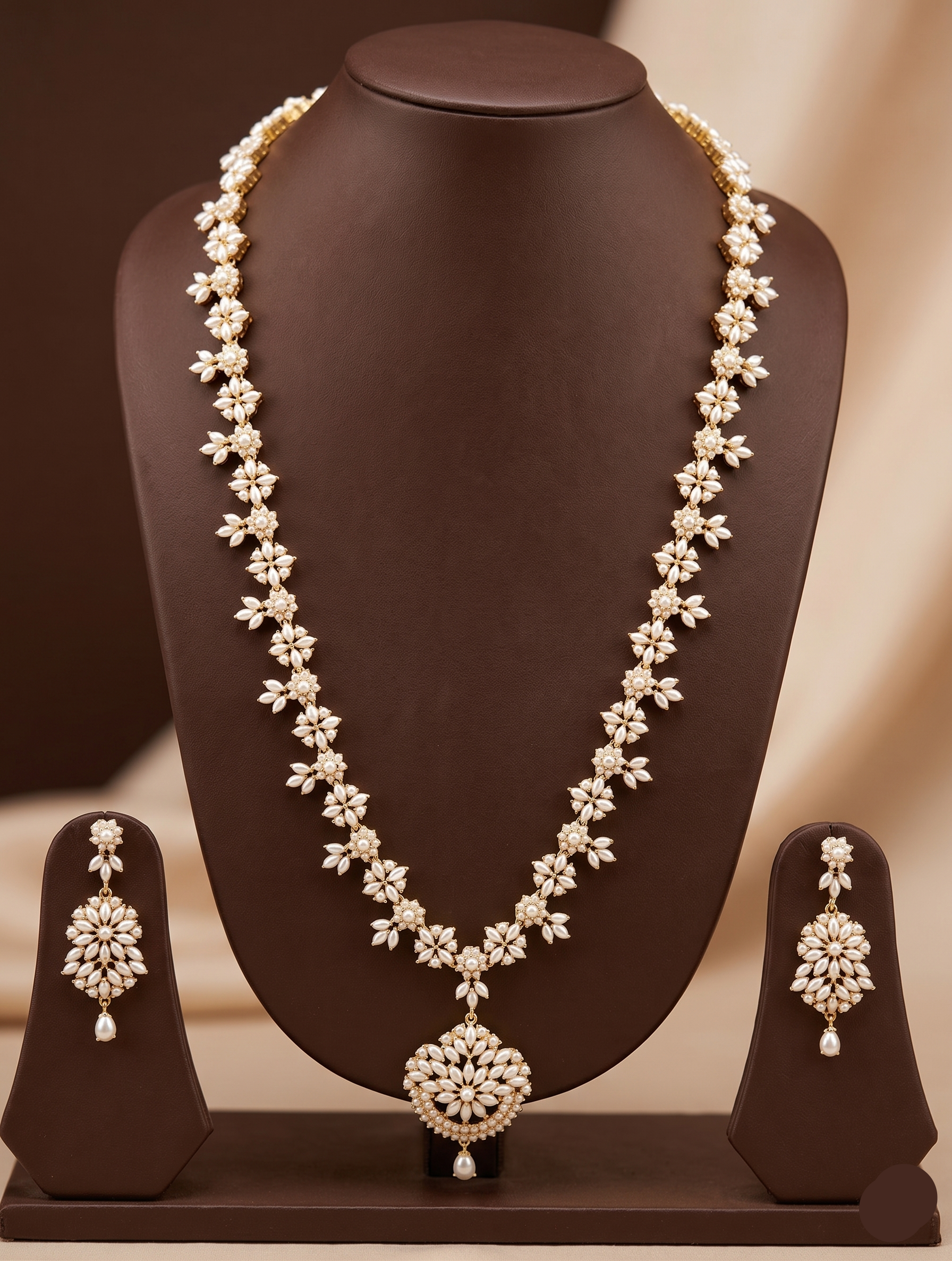 Freshwater pearl long haram set with floral motifs, ornate centerpiece, and matching floral earrings.