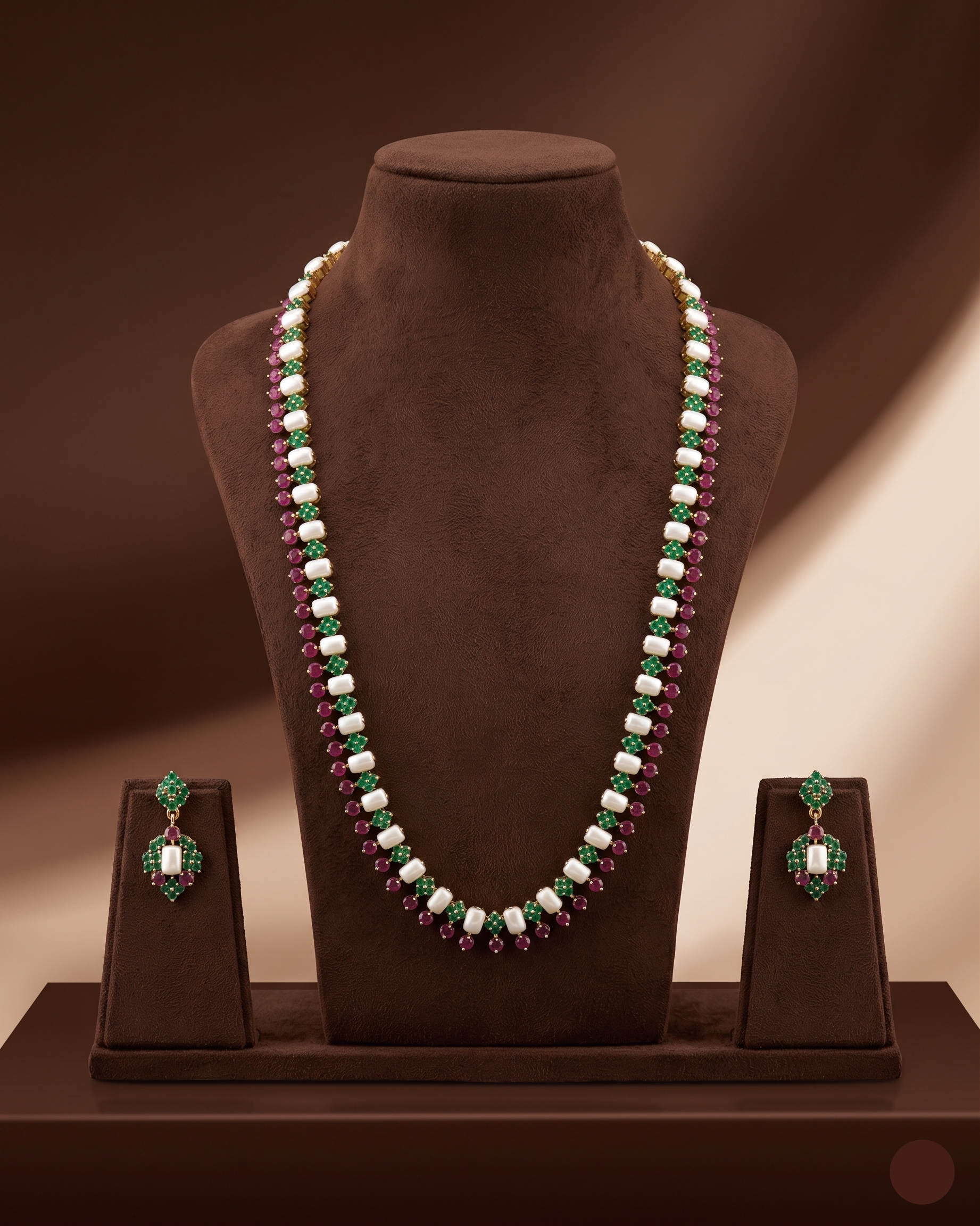 Freshwater pearl long haram set with green and red stone accents and matching drop earrings.
