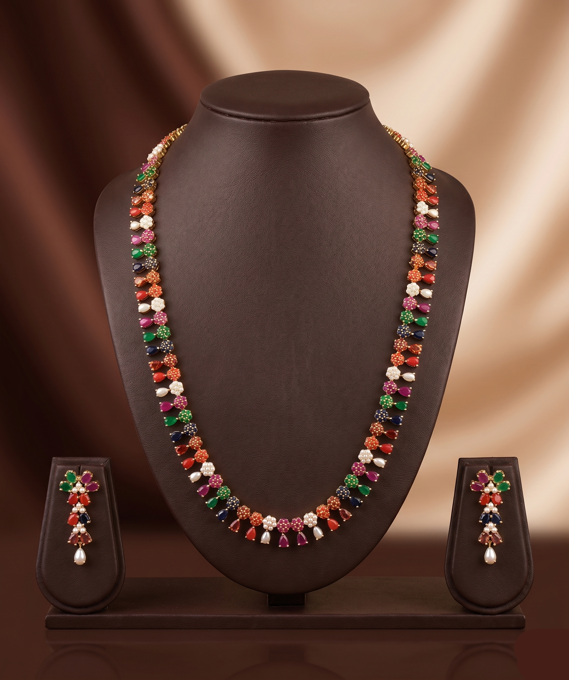Freshwater pearl long haram set with multi-colour stone detailing and matching drop earrings.
