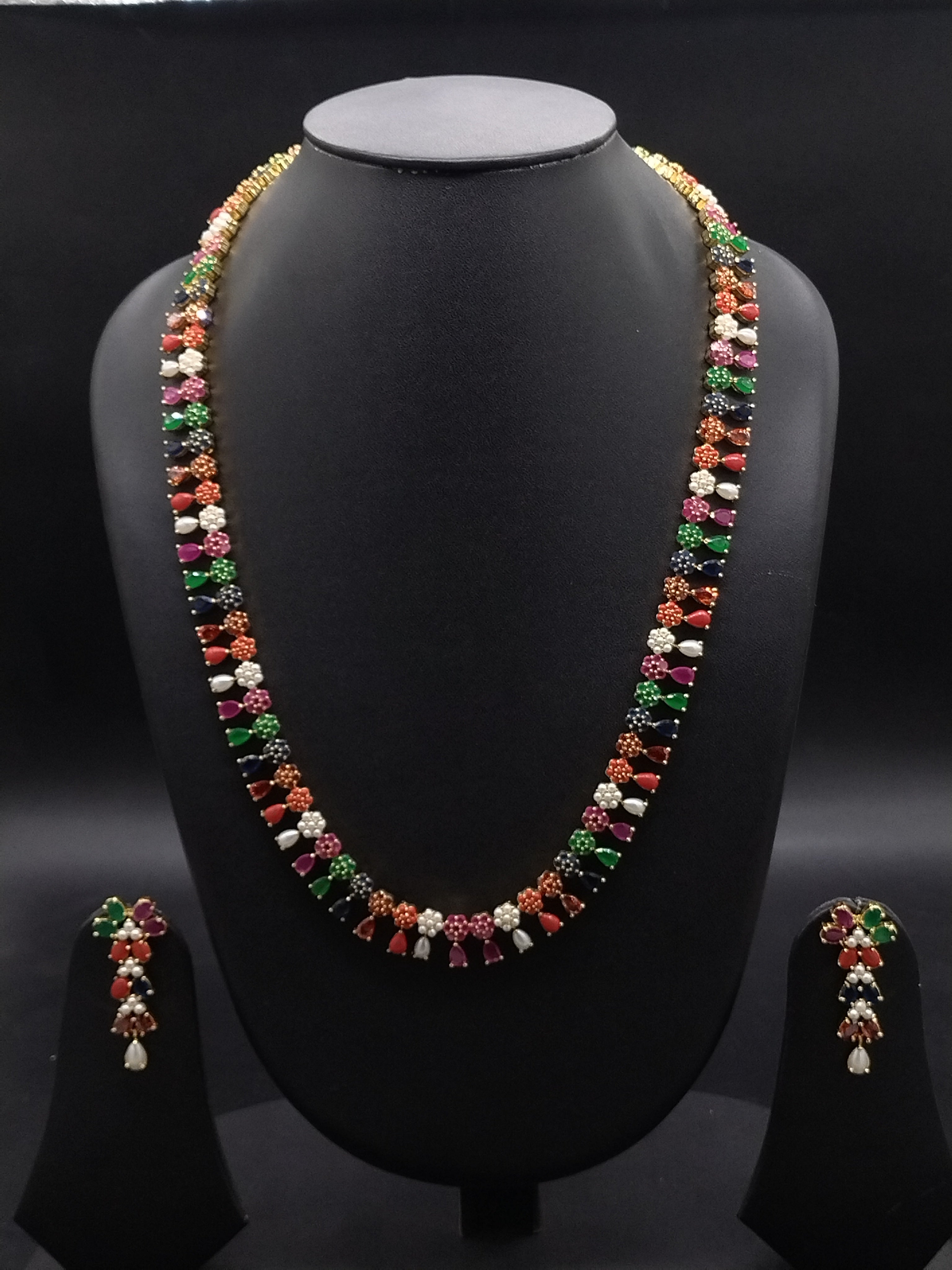 Freshwater pearl long haram set with multi-colour stone detailing and matching drop earrings.