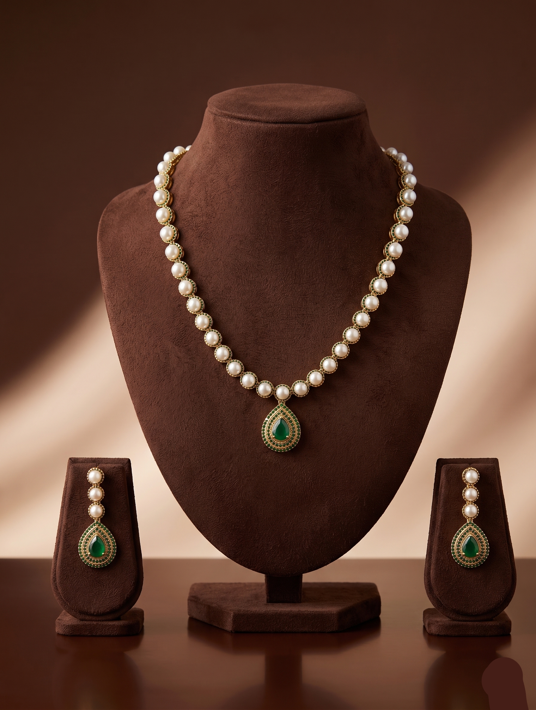 Freshwater pearl necklace set with emerald green teardrop pendant and matching drop earrings