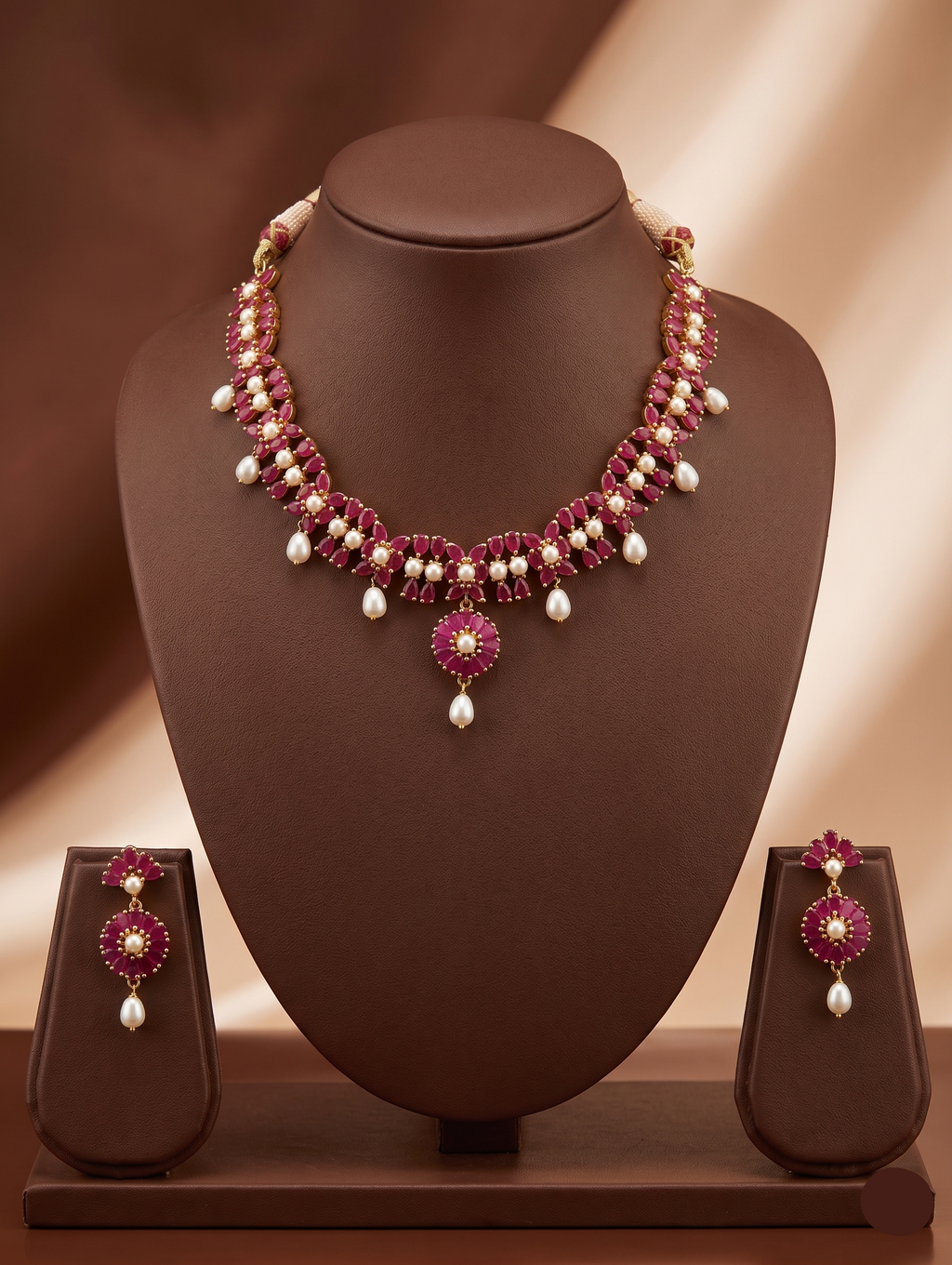 Freshwater pearl necklace set with red stone floral centerpiece, pearl drop detailing, and matching earrings.