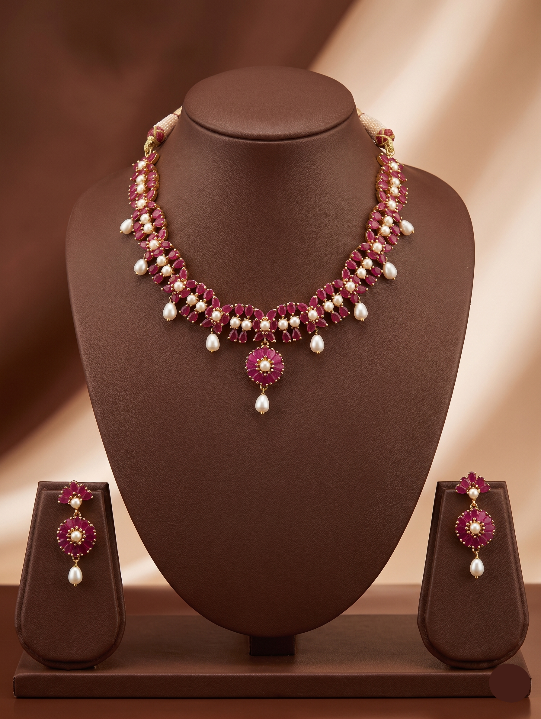 Freshwater pearl necklace set with red stone floral centerpiece, pearl drop detailing, and matching earrings.