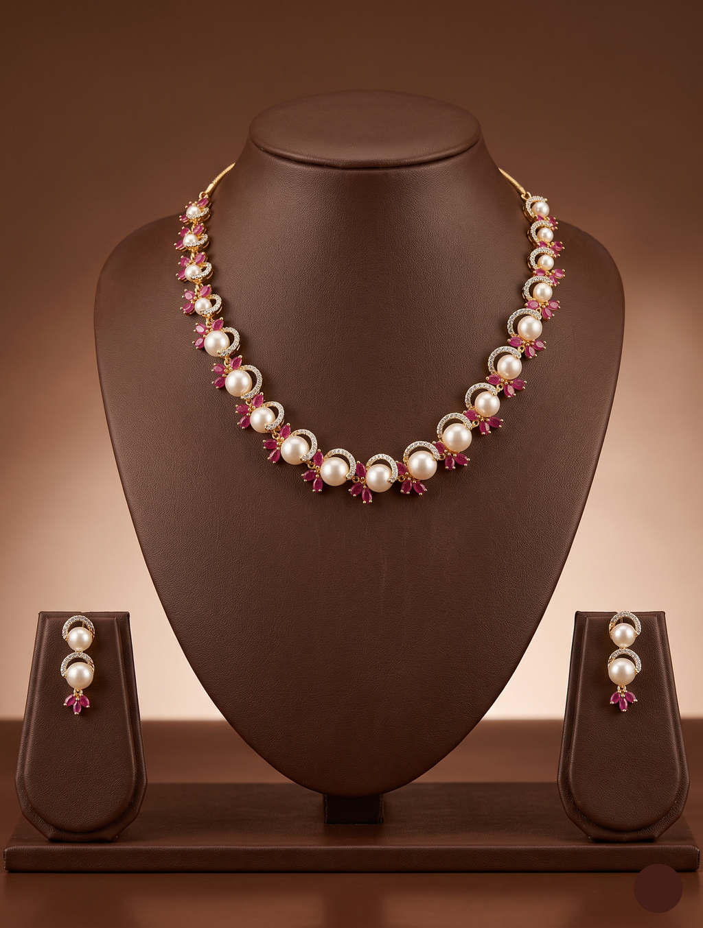 Freshwater pearl necklace set with ruby red stones, white American Diamond accents, and matching drop earrings.