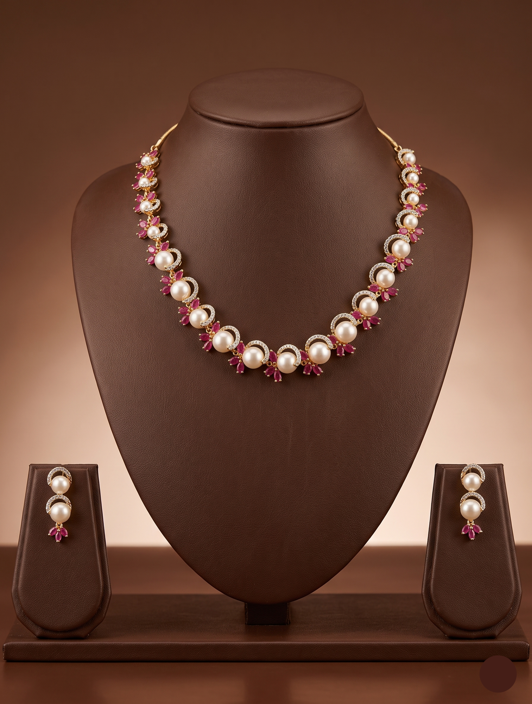 Freshwater pearl necklace set with ruby red stones, white American Diamond accents, and matching drop earrings.