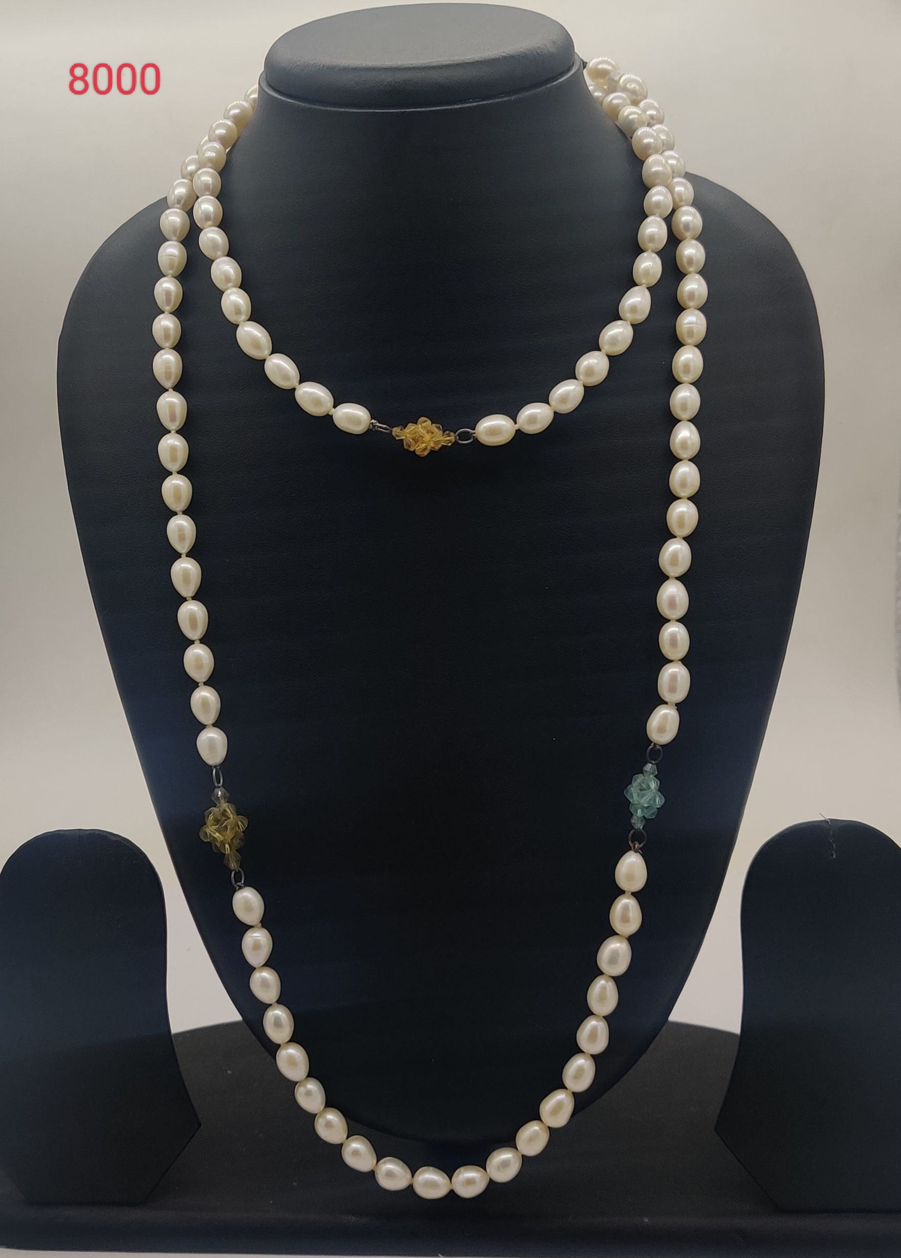 Garden Whispers Strand freshwater pearl necklace with white oval pearls and colorful floral beads in multi strand design
