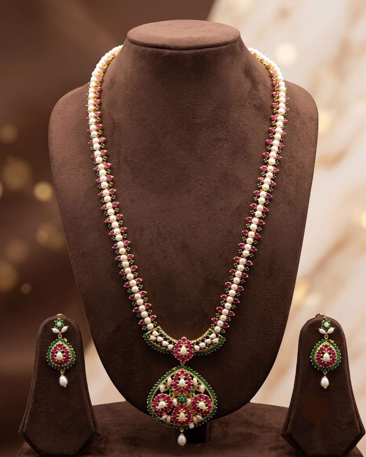 Imperial Temple Kemp: Freshwater Pearl & Dual-Stone Bridal Long Haar Set