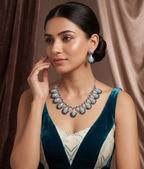 American Diamond Fan Design Necklace Set– Teal & Blue Designer Jewellery