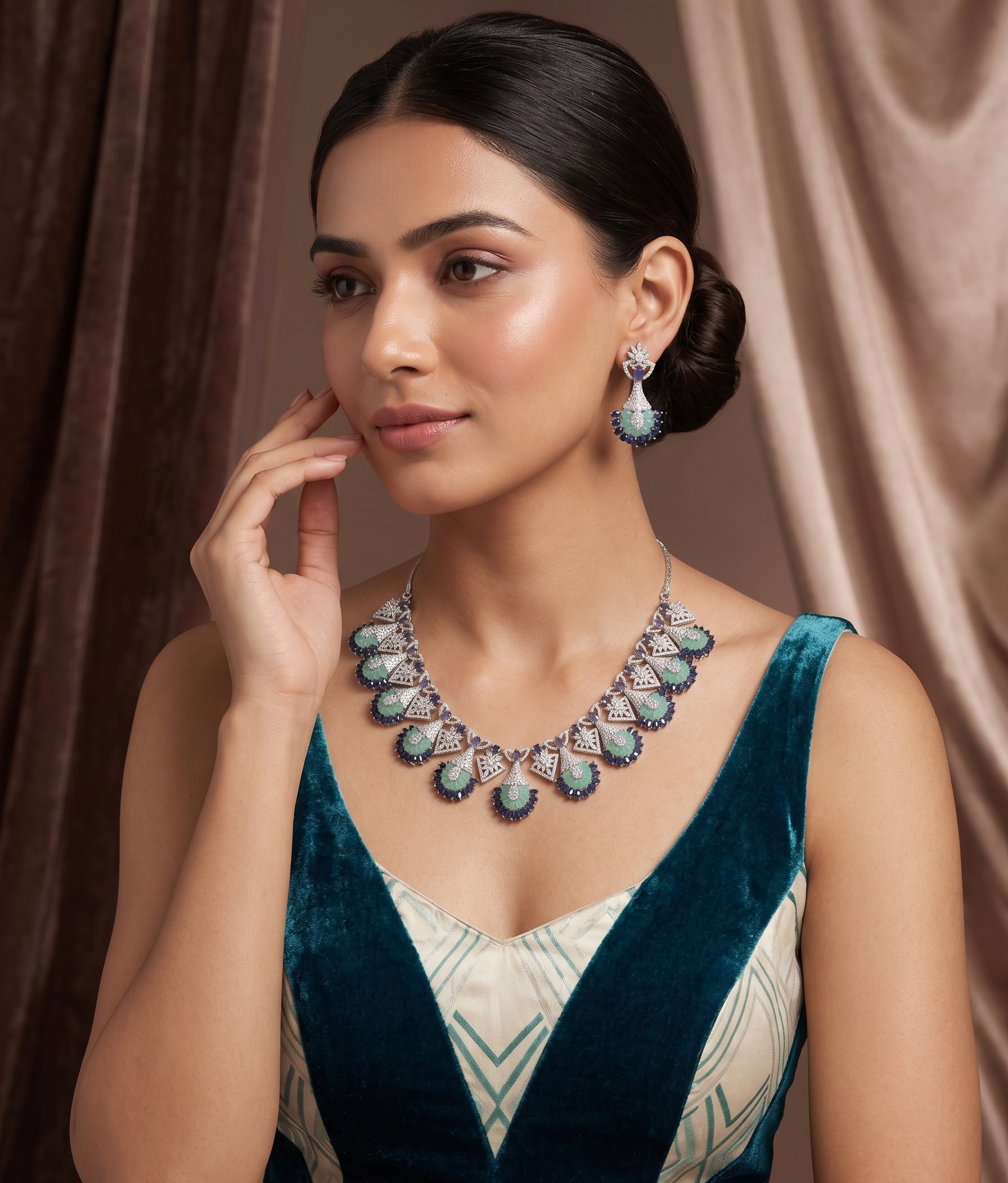 American Diamond Fan Design Necklace Set– Teal & Blue Designer Jewellery