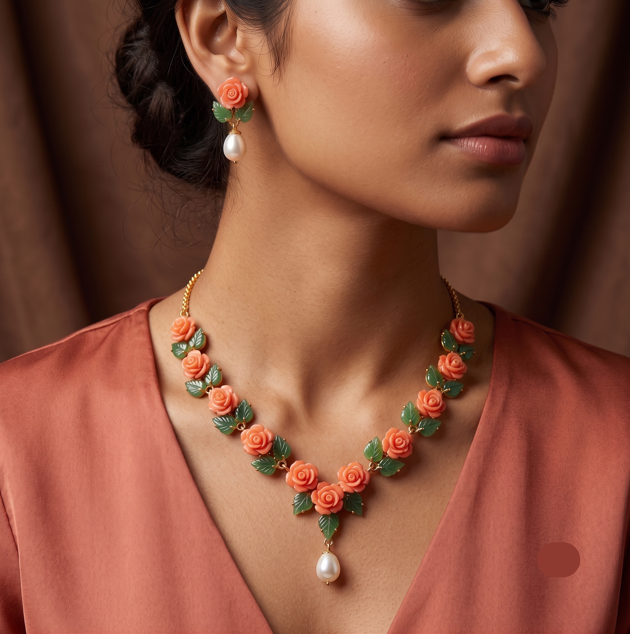 Coral Rose Necklace Set – Hand-Carved Floral Elegance