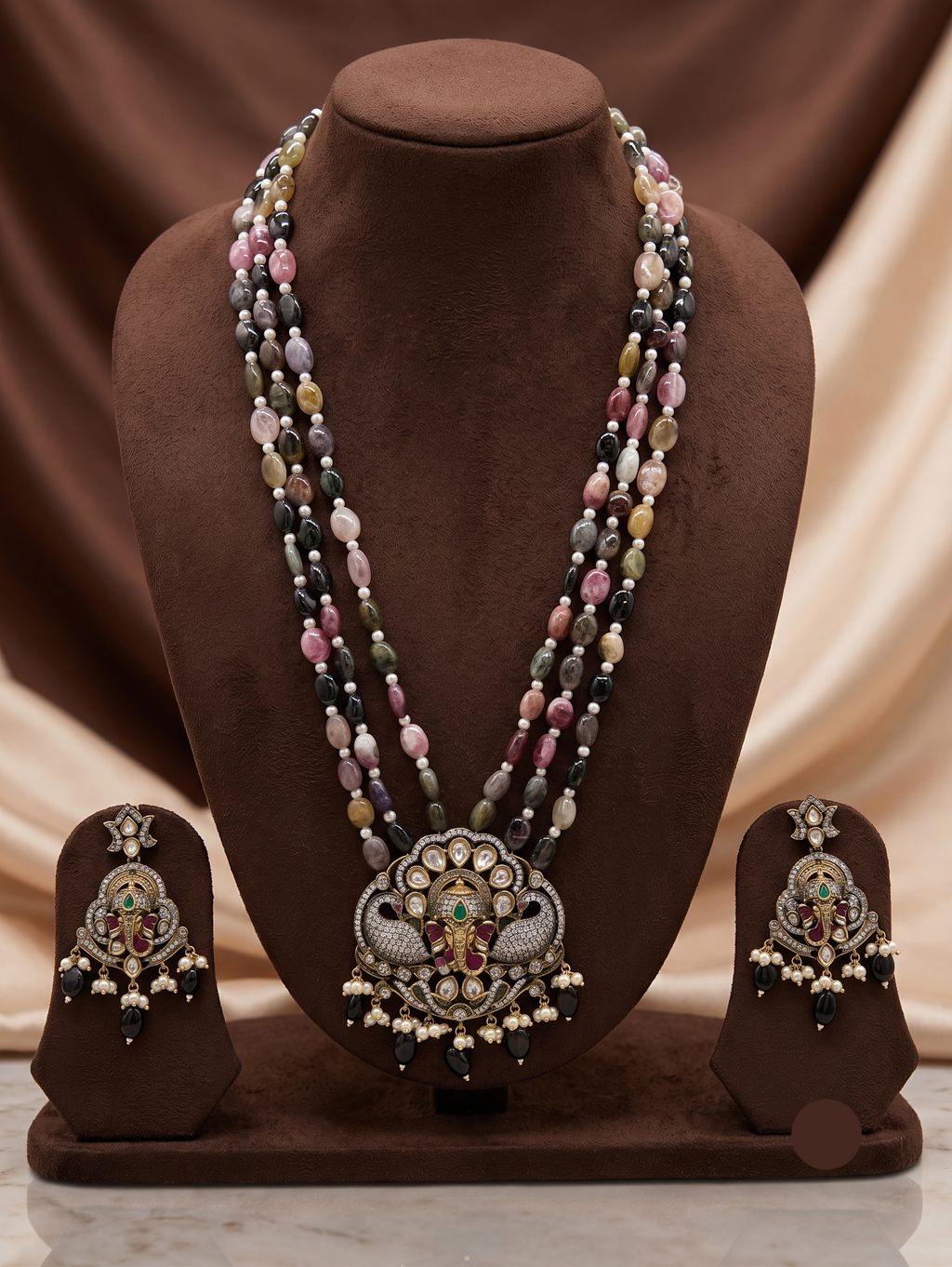 Multi-Colour Beaded Temple Necklace Set – Traditional Festive Jewellery