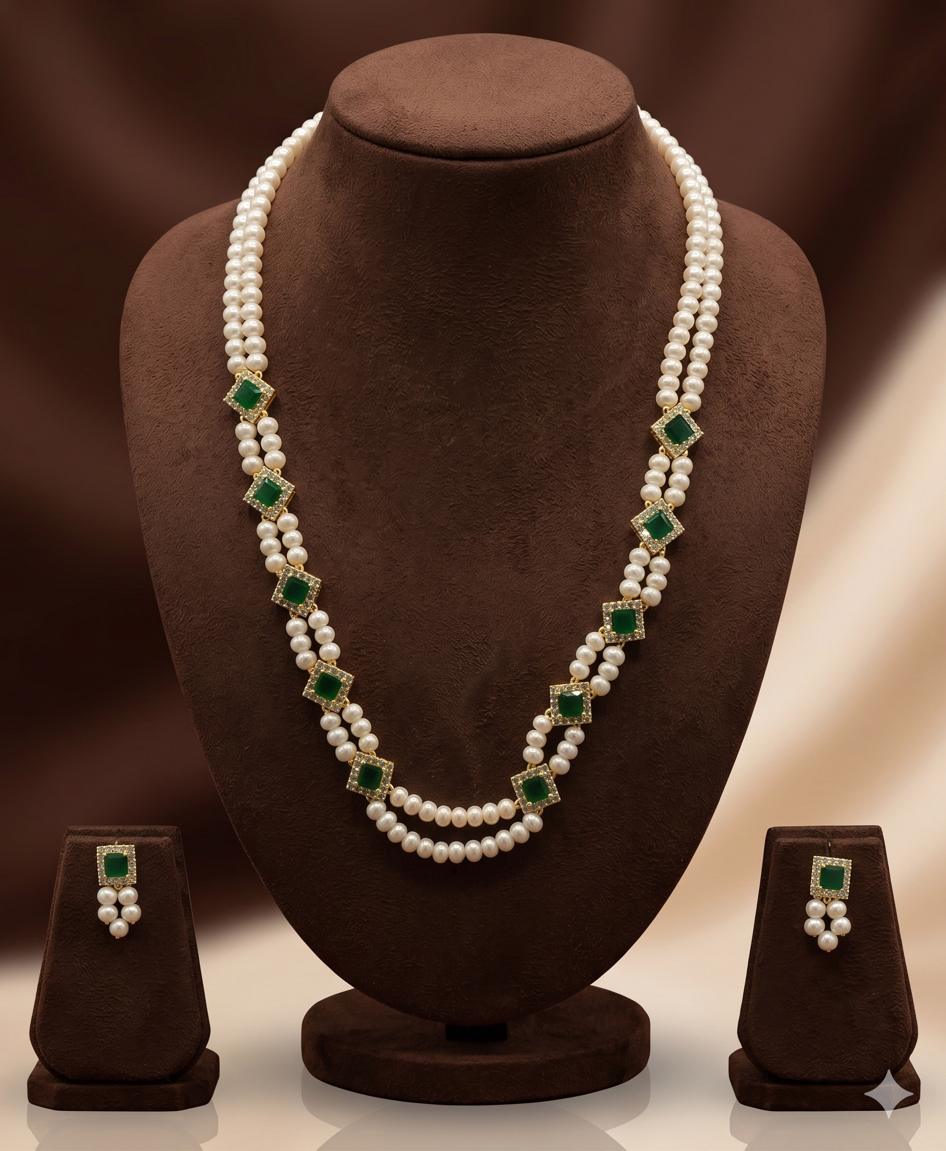 White Freshwater Pearl Pendant Necklace Set with Green Stones