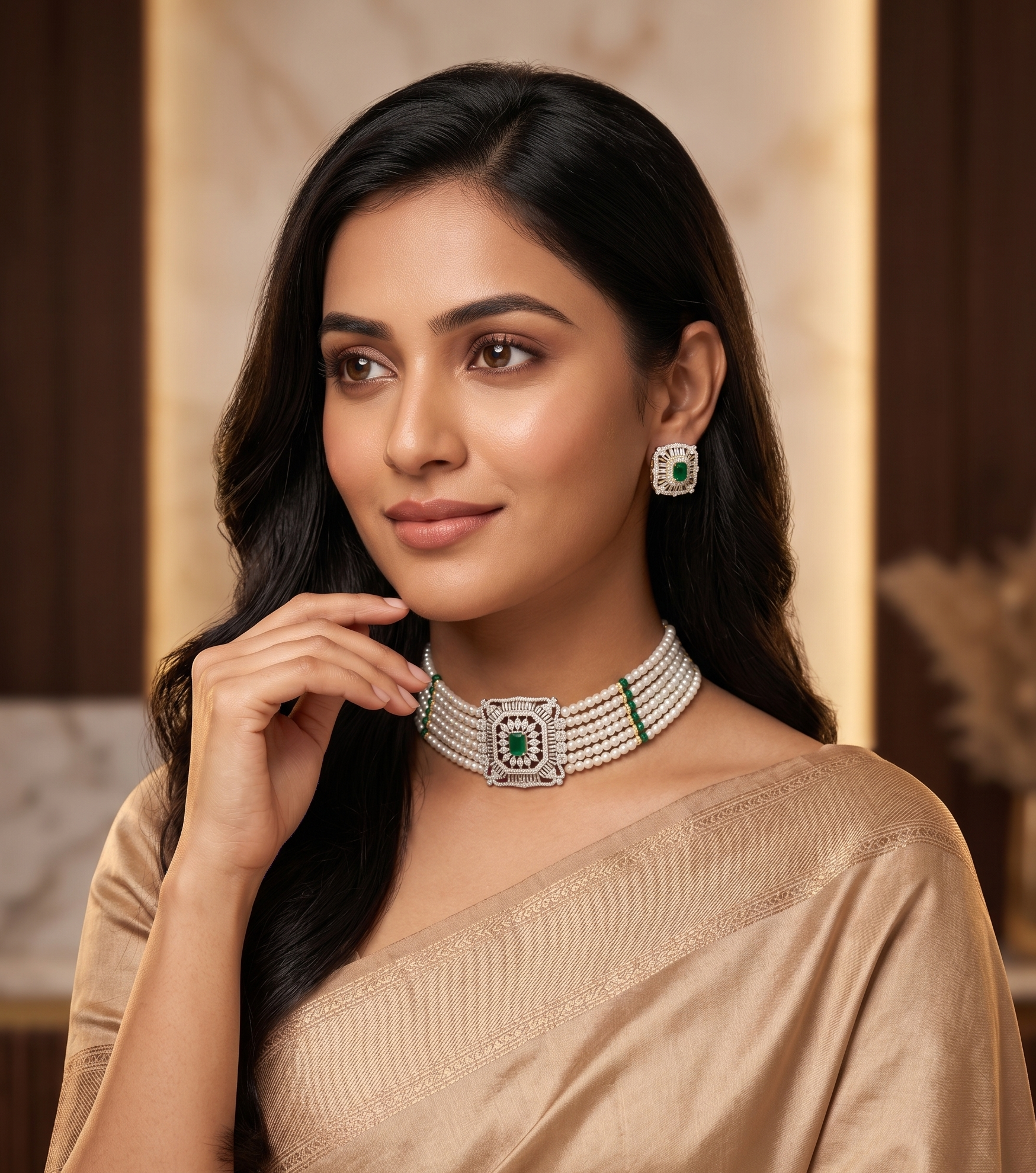 Emerald-Cut Green & White Stone Pearl Choker Set
