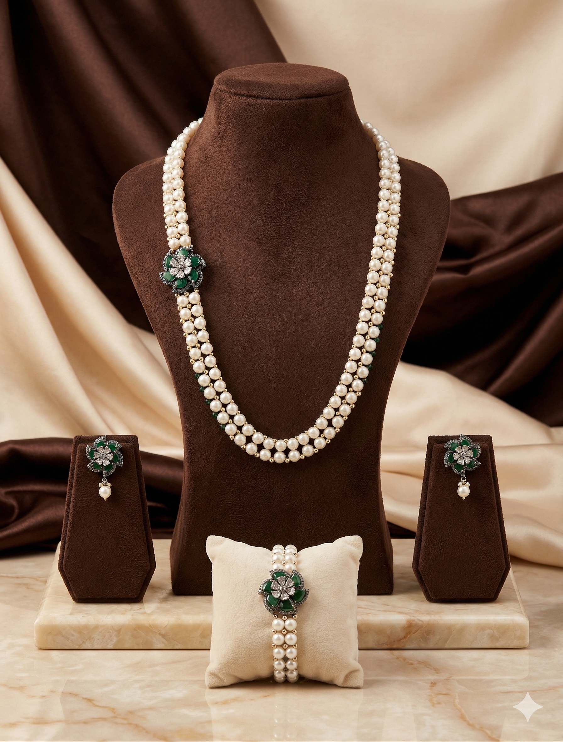 White Freshwater Pearl Side Brooch Necklace Set with Green Stones