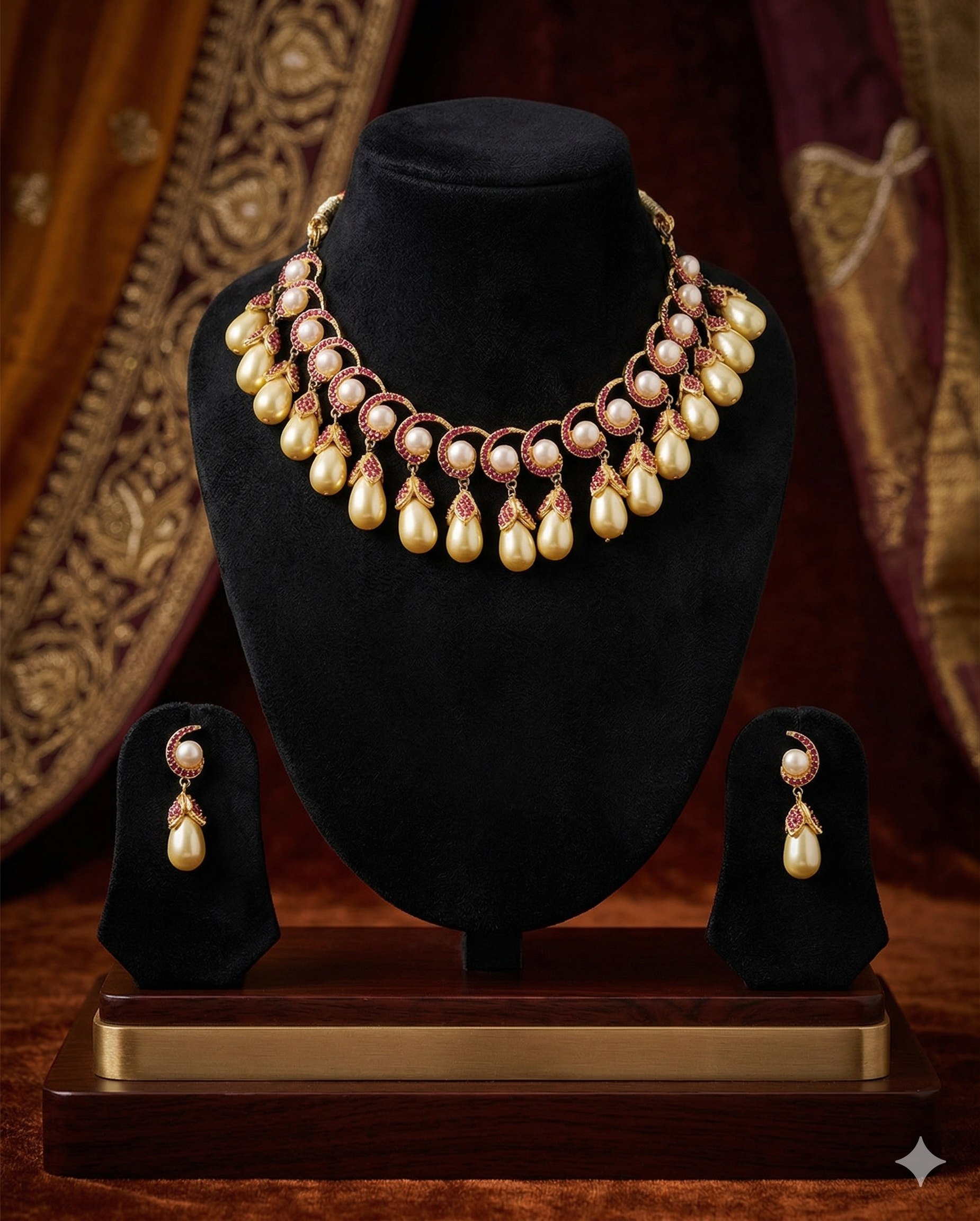 Pearl and Red CZ Stones Necklace Set