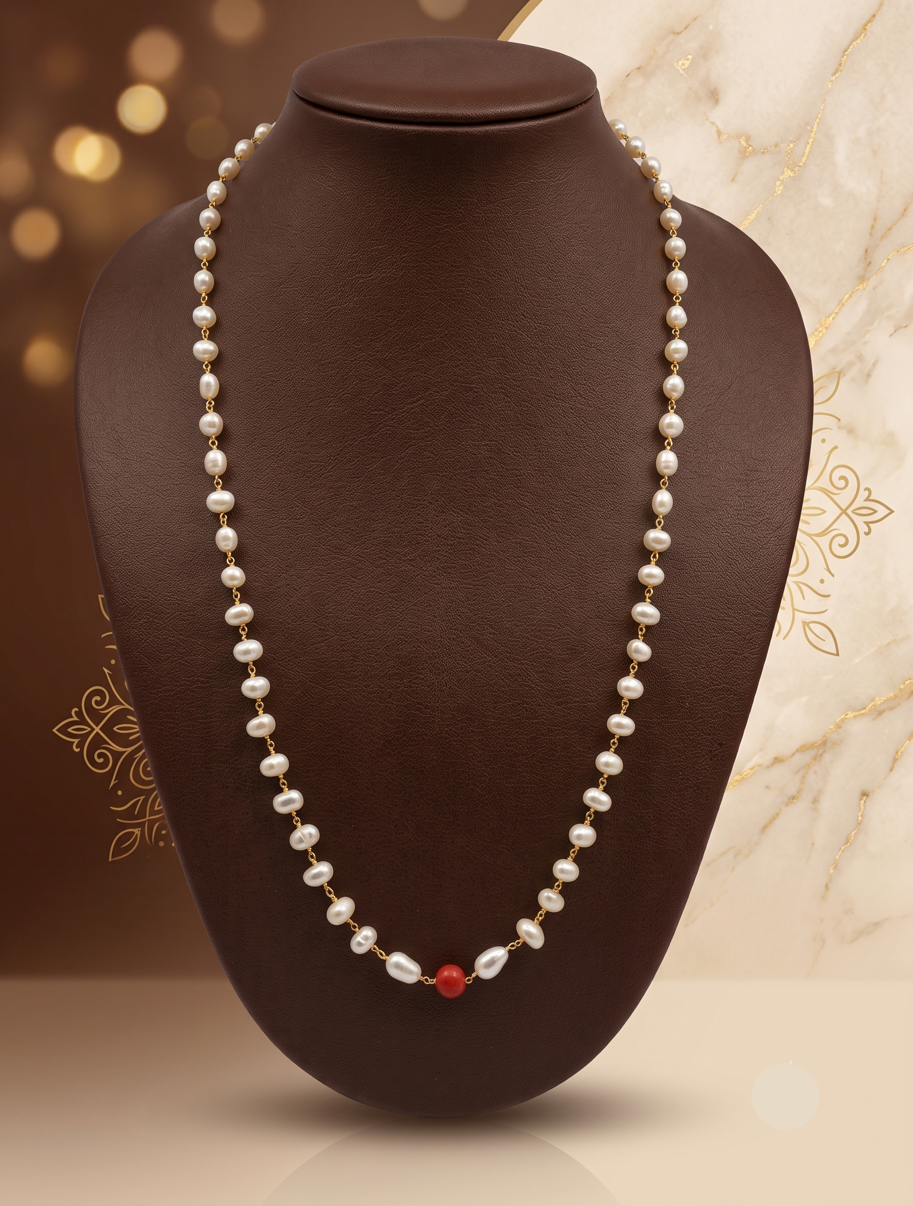 Freshwater Pearl Taar Mala with Red Coral Accent
