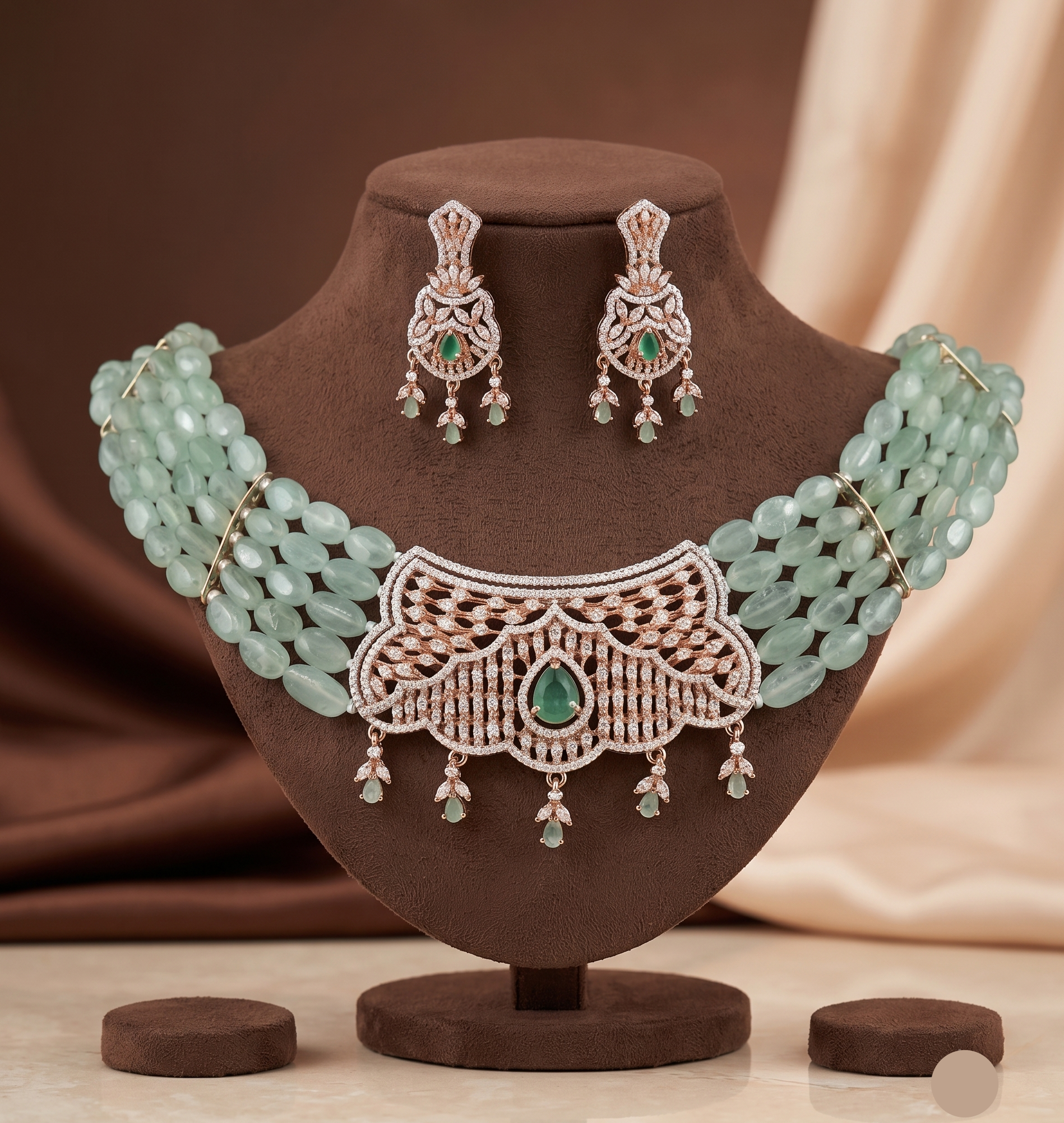 Pale Green Beaded Choker Set with Green CZ Accents