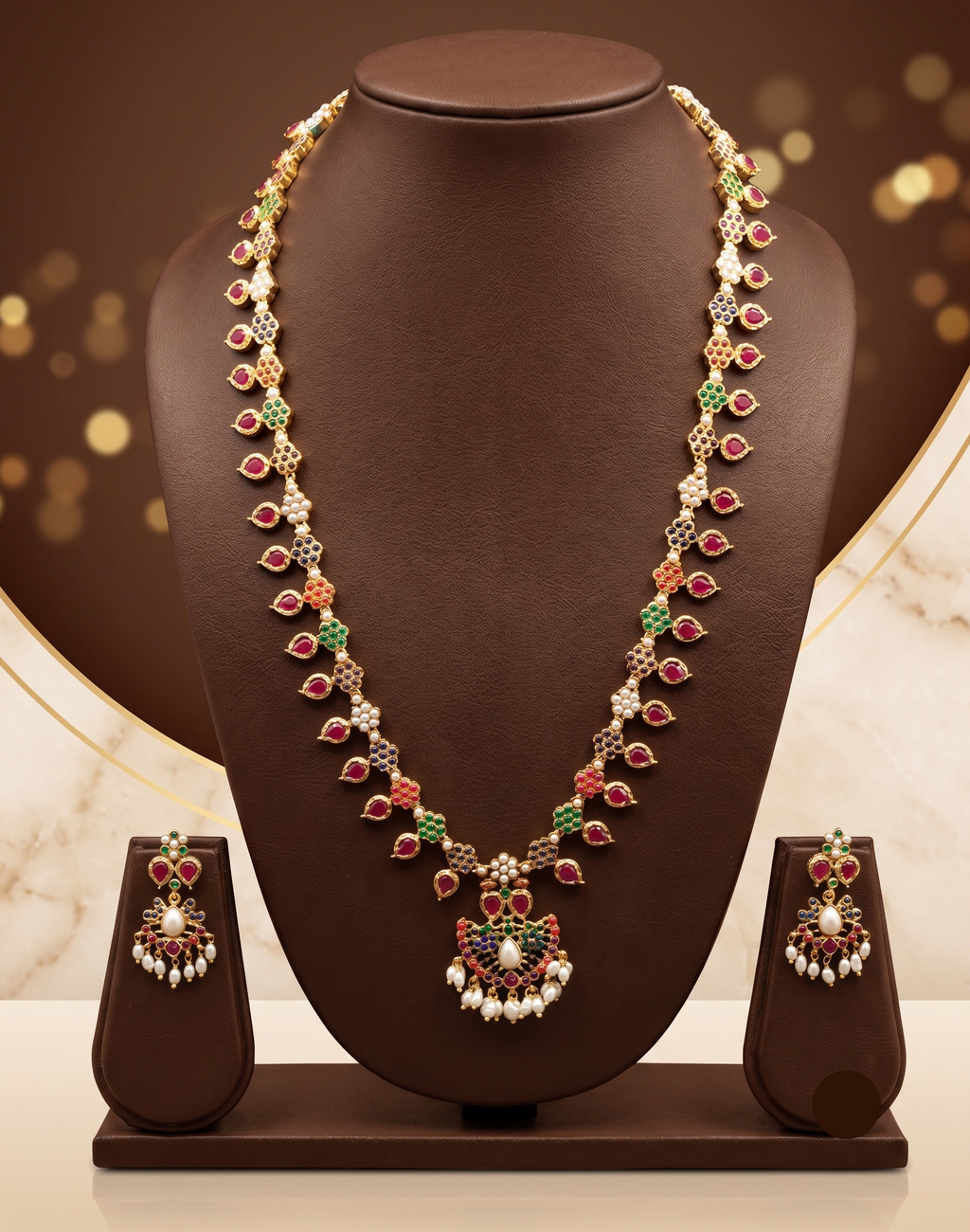 The Navratna Heritage: Traditional Mango Mala with Multicolor Gemstones & Pearl Drops Set