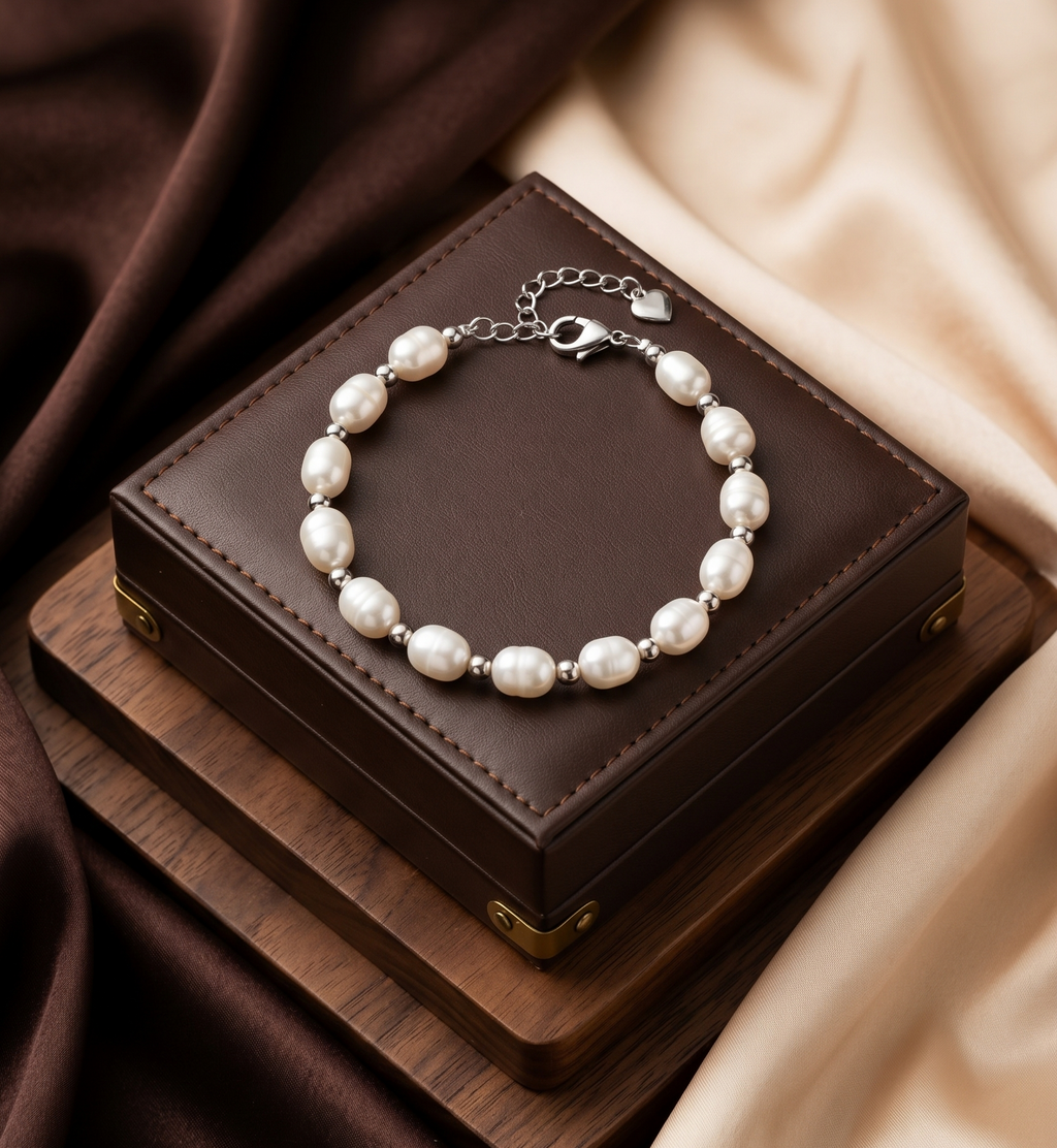 Oval White Freshwater Pearl Silver-Tone Bracelet